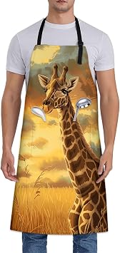 Majestic Giraffe Apron, Adjustable Kitchen Stunning Sunset Savannah Design Aprons with Pockets for Cooking BBQ Gardening, 2833 IN, Holiday Gifts for Women Wife, for Chef Baking, Oxford Fabric