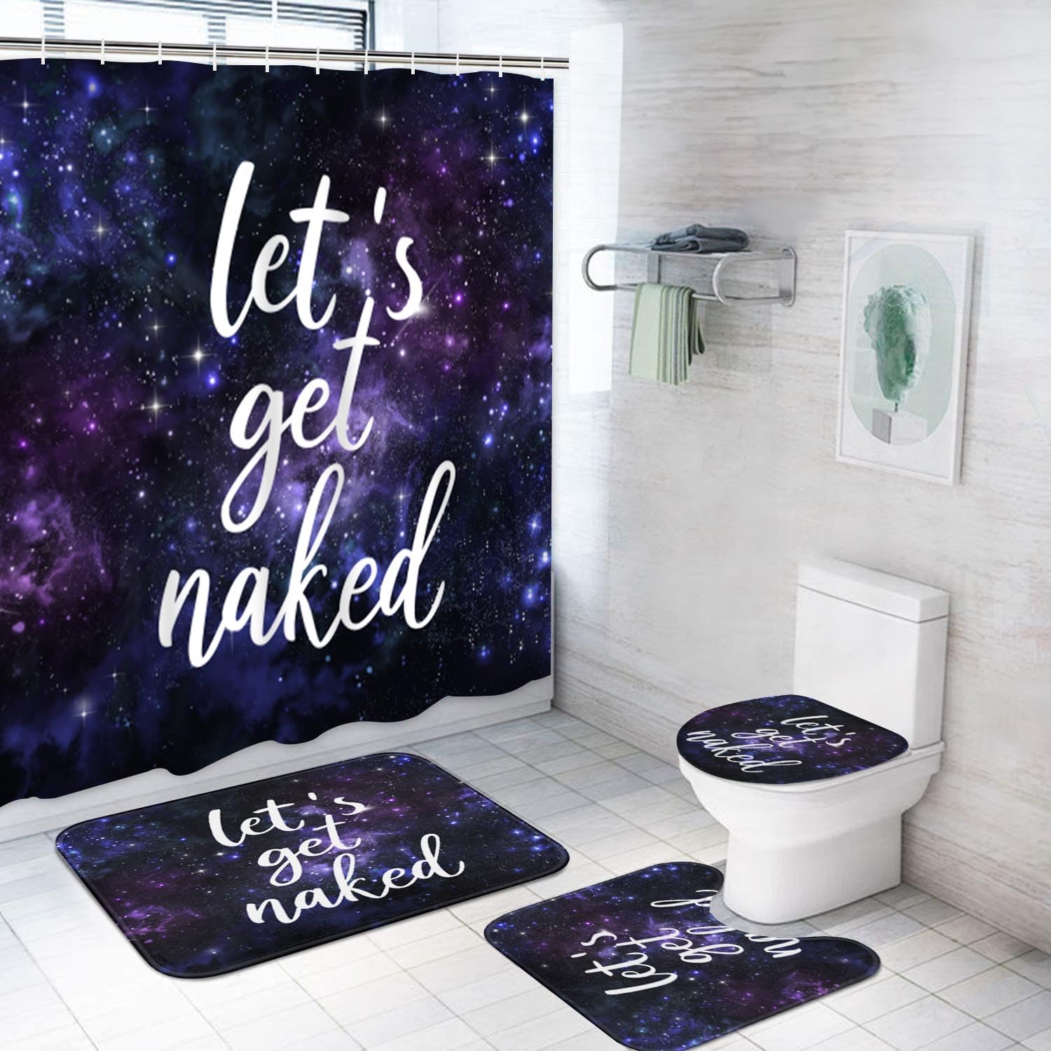 Rideau de douche noir et violet Let's Get Naked ArtSocket avec 3 tapis assortis