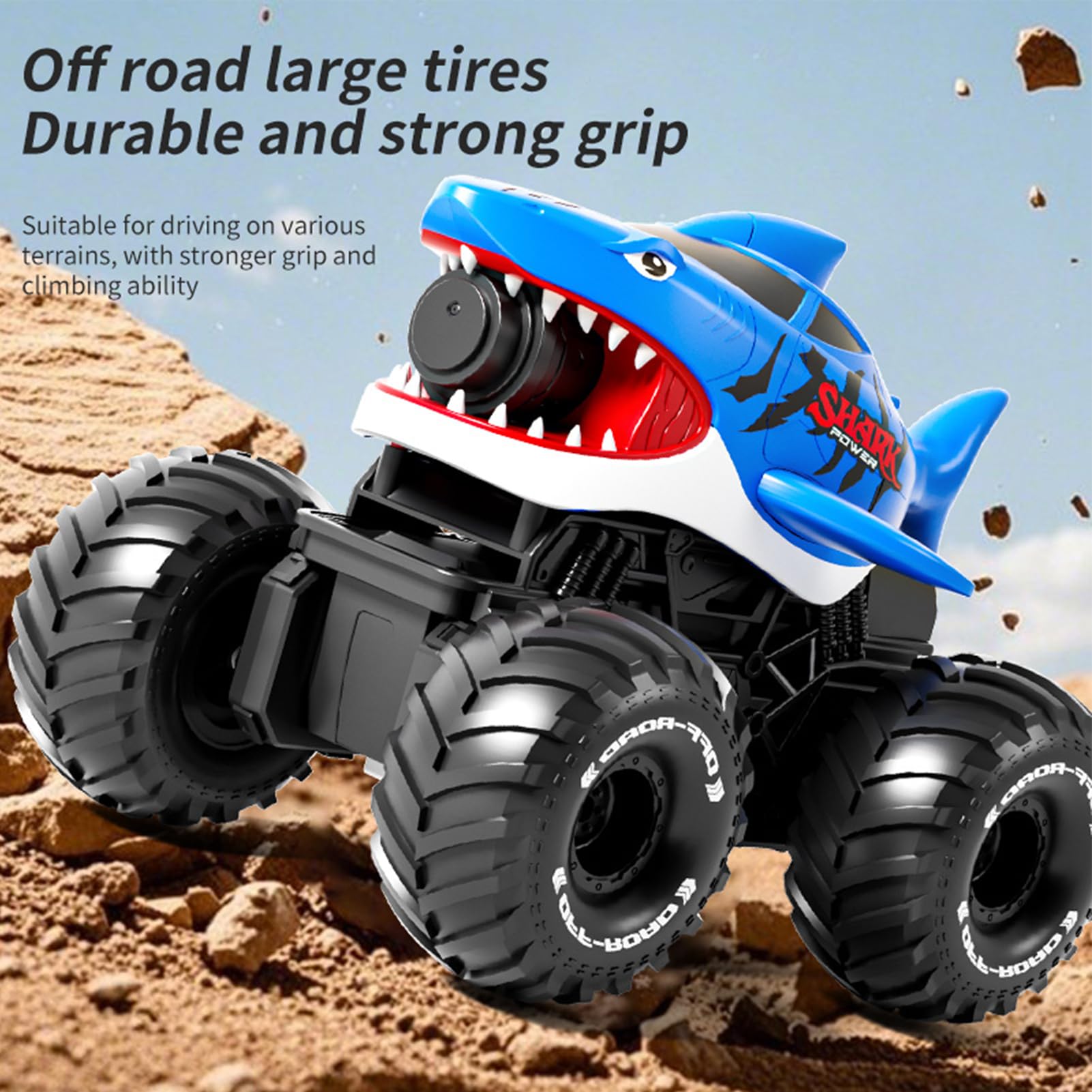 Amfibia samochód RC, zdalnie sterowana zabawka rekina z wodą o zasięgu 10 m, offroad RC z rozpoznawaniem gestów, zdalnie sterowany samochód do lądu i wody (niebieski, 1 bateria)