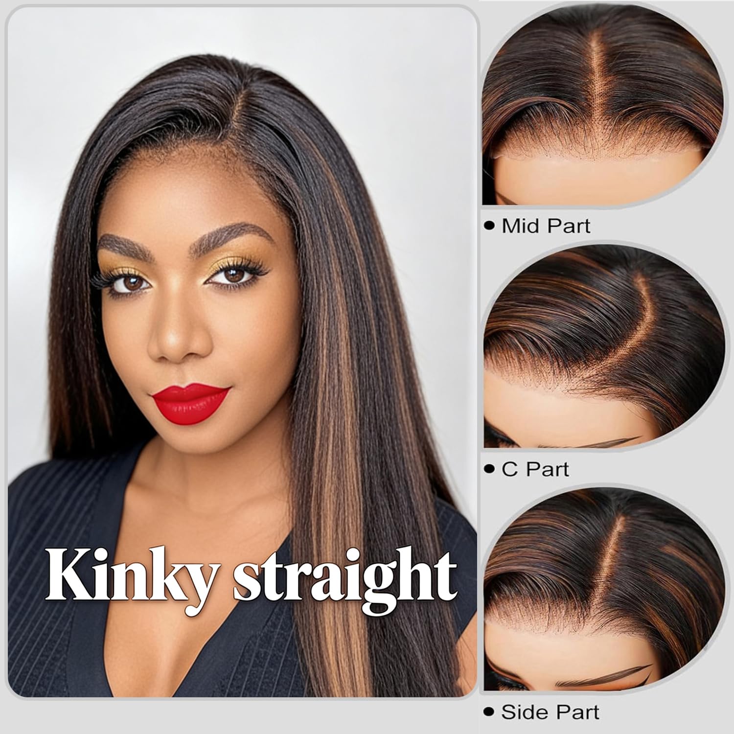 Ombre Brown Highlight Kinky Straight Human Hair Wigs Pre Plucked with Baby Hair Italian Yaki Lace Front Human Wigs For Black Woman 24 Inch