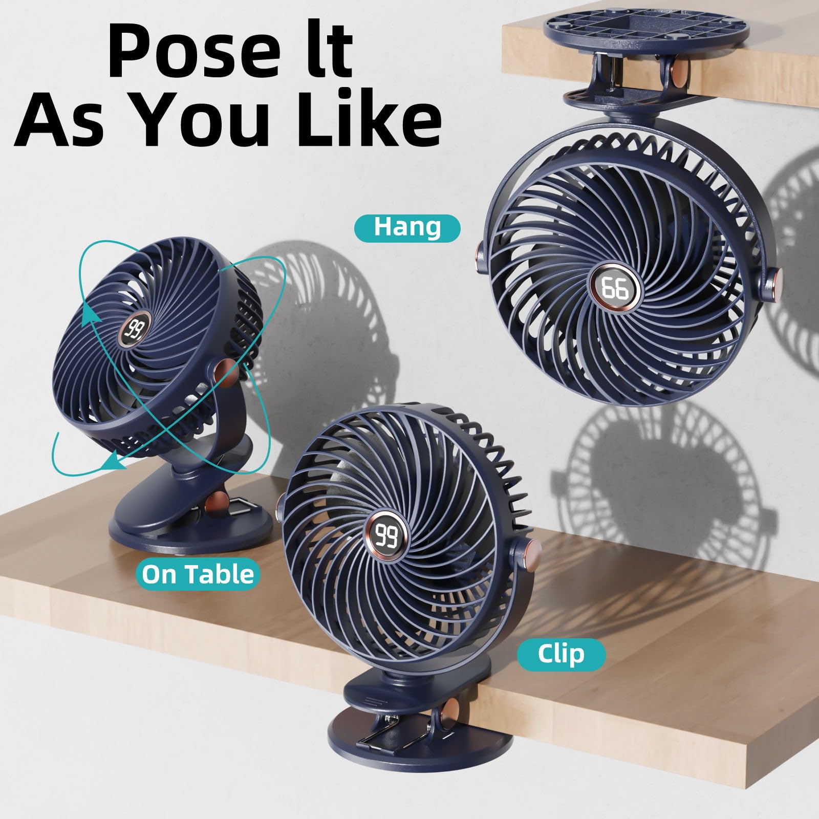 Ventilatore da Tavolo, Mini Ventilatore USB con Display LCD, 5 Velocità 720° Rotante, 6000mAh Piccolo Ventilatore Portatile Ricaricabile, Ventilatore Clip per Ufficio Casa Campeggio Viaggio(Blu)
