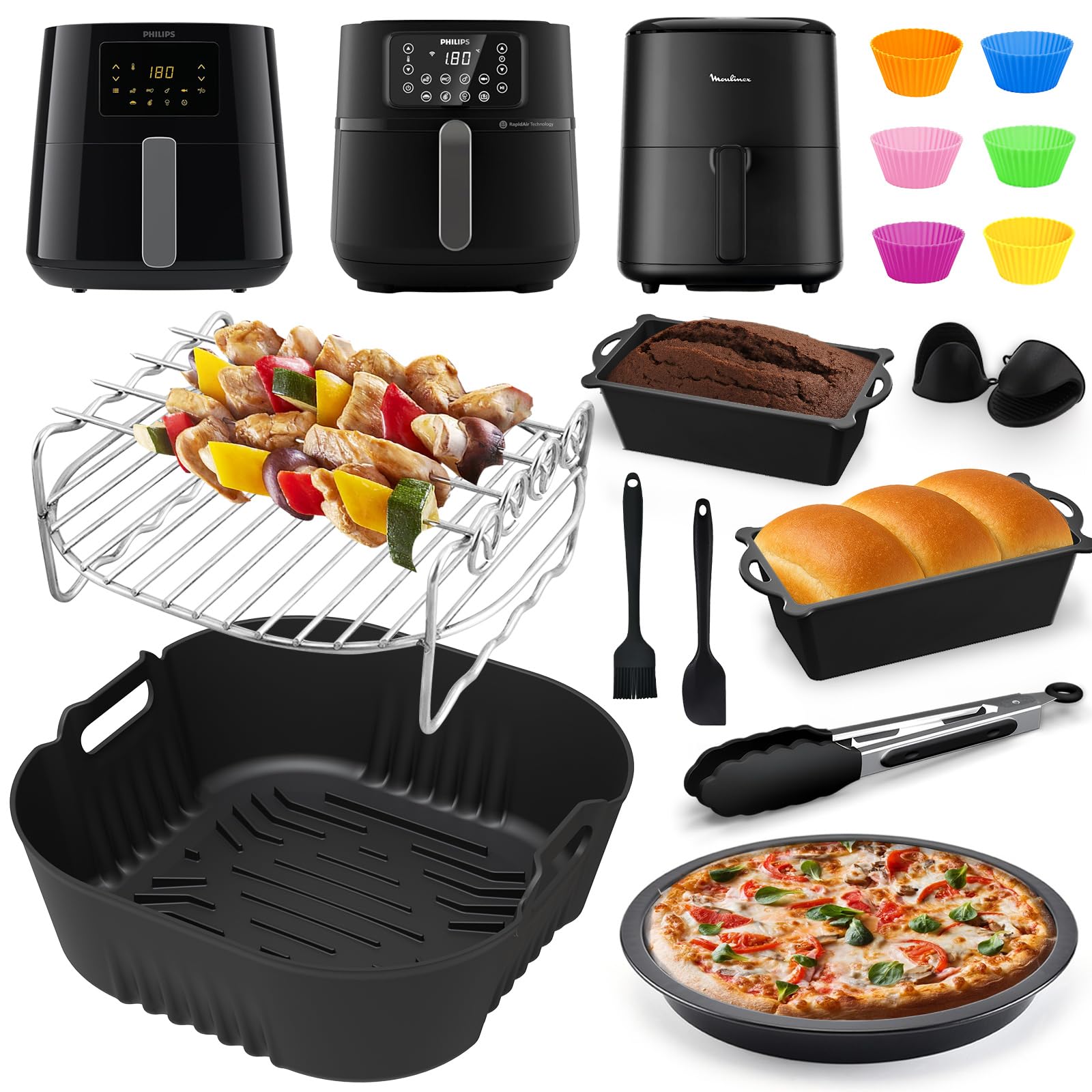 Accesorios Freidora de Aire para Moulinex Easy Fry Max 5L, Philips Airfryer XL 6,2L HD9270/90, XXL 7,2L HD9285/90, Molde Silicona Freidora de Aire, Parrilla etc Accesorios Airfryer