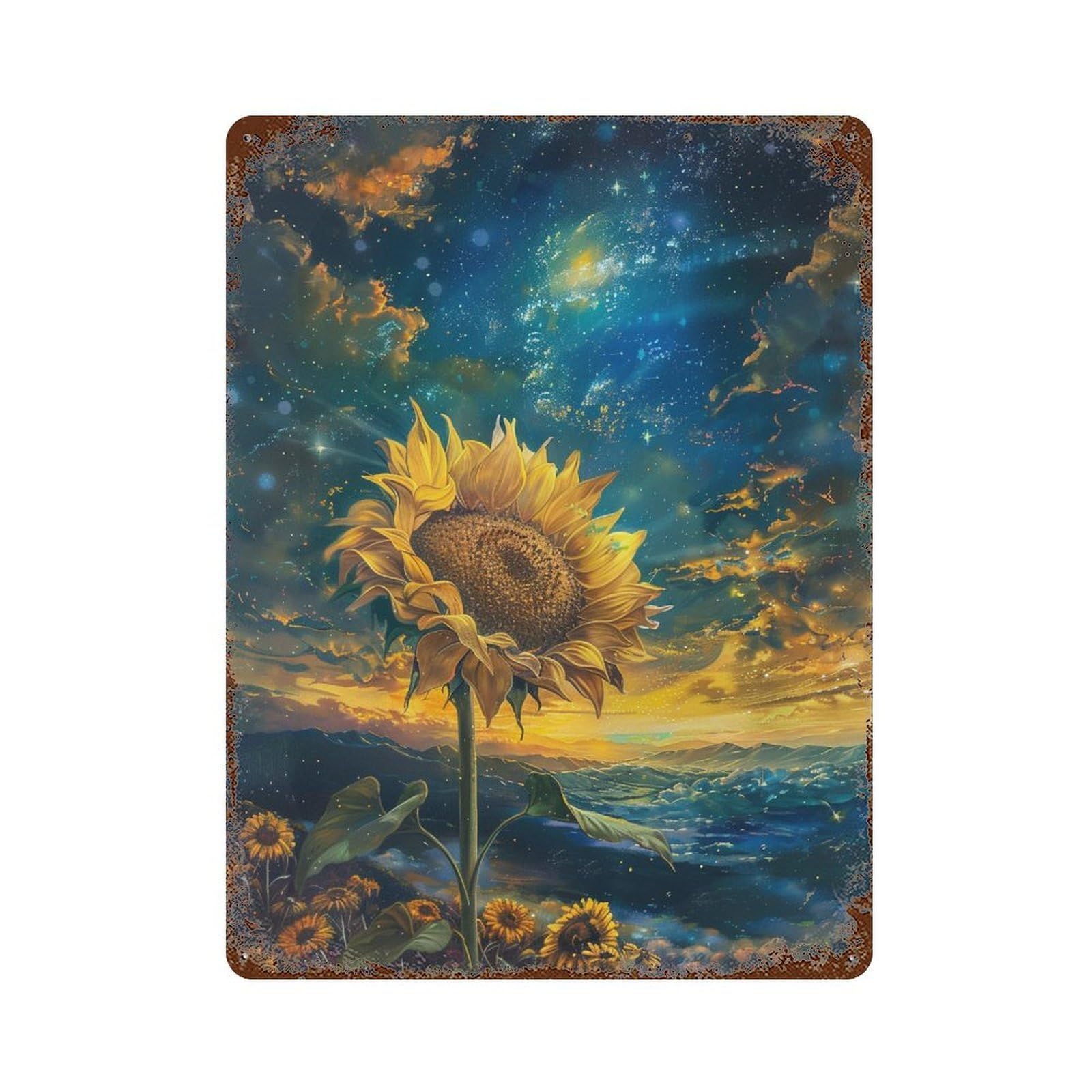 Galactic Sunflower Serenity -1 Distressed Metal Wall Sign 15.7"x11.8", for Garage, Bar And Workshop Decor, Decorative Metal Wall Art