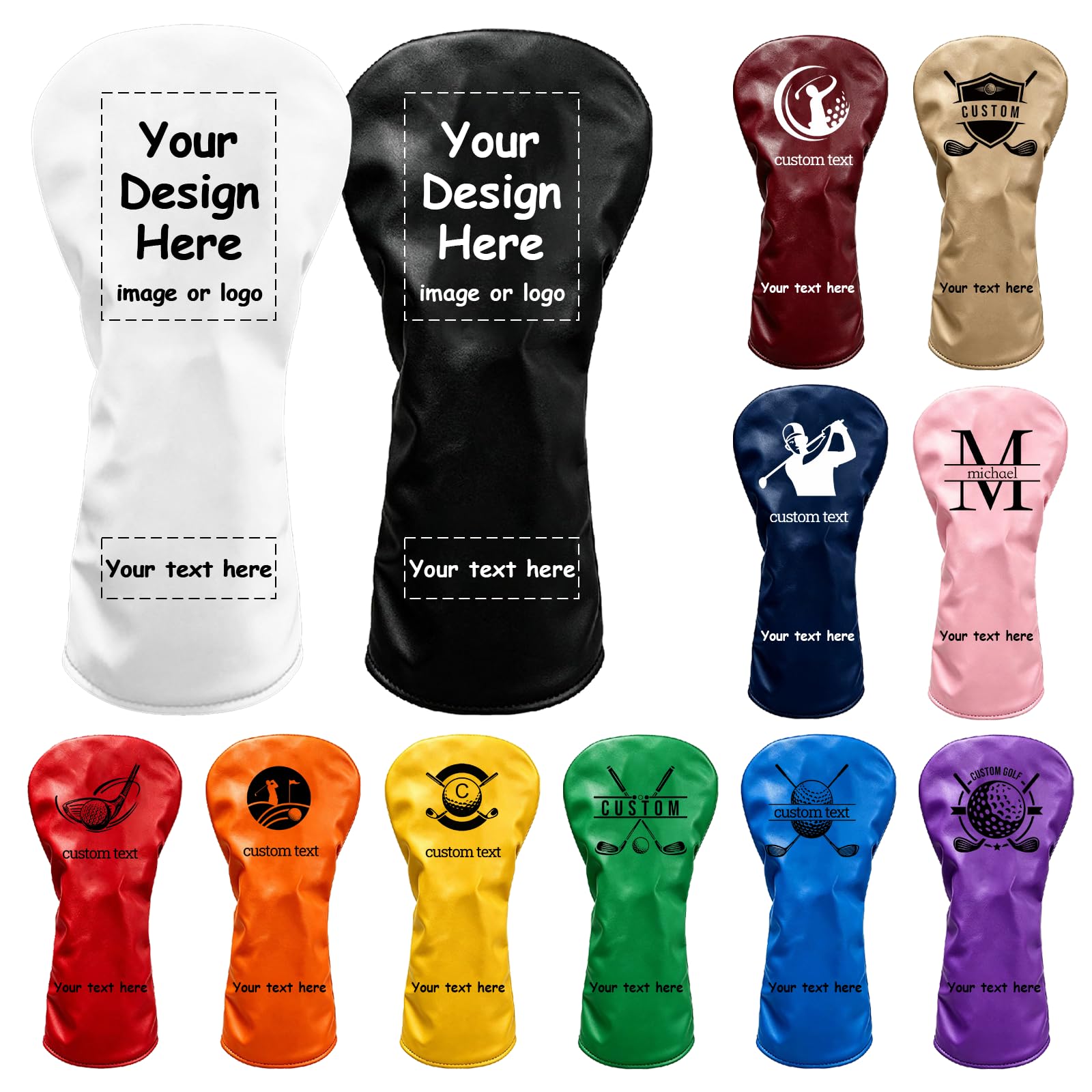 Personalised Golf Club Headcovers, Leather Personalized Driver Fairway Wood Hybrid Covers, with Name/Logo/Text, Golf Protector Gift for Men Women (Style 2)