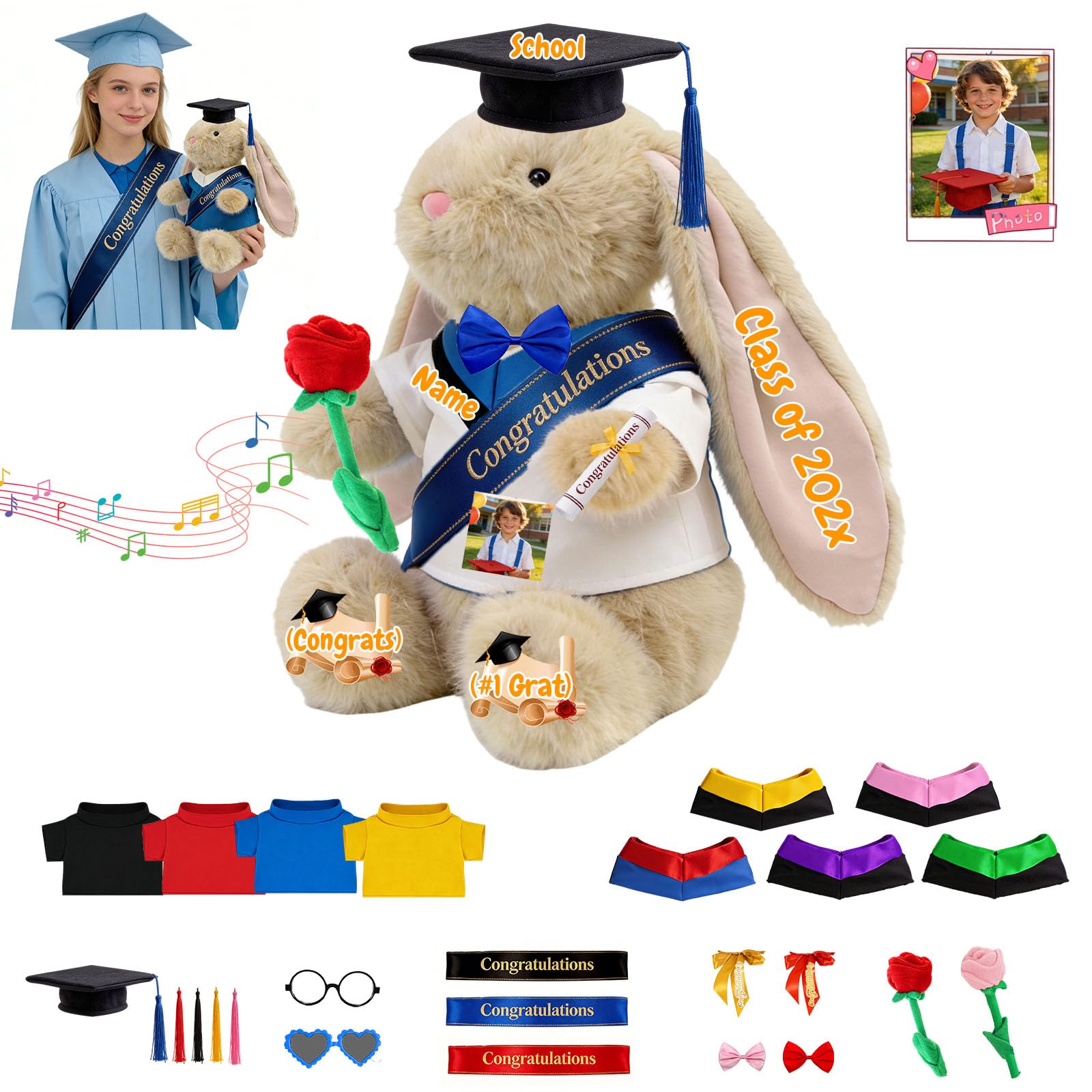 JABECODIFA 2026 Custom Graduation Bunny Stuffed Animal with Photo and Text, 10 Inch Graduation Plush Gift for Kindergarten to College Graduates