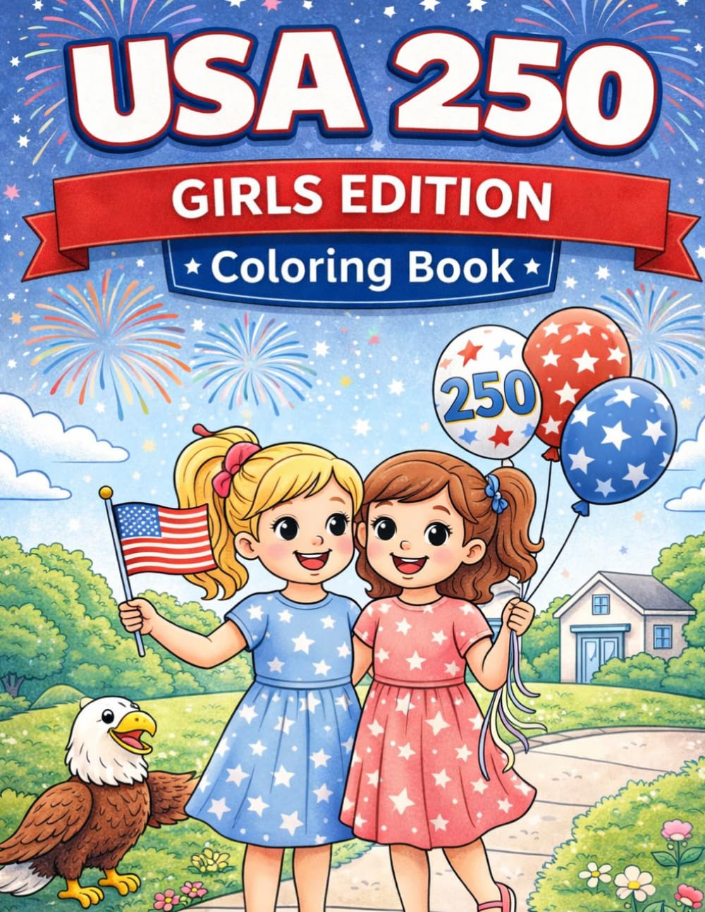 USA 250 Girls Patriotic Coloring Book: American Girls Celebrating 250 Years of Freedom, Fireworks, and Fun