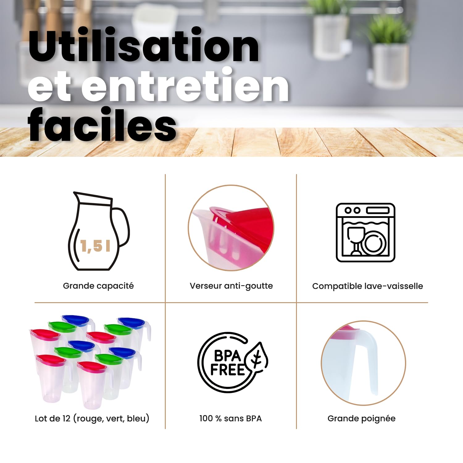 Home Line Lot de 12 pichets à jus de 1,7 l - Verseuse avec bec verseur extérieur anti-goutte - Carafe à eau pour réfrigérateur - Distributeur de jus (bleu, vert, rouge)