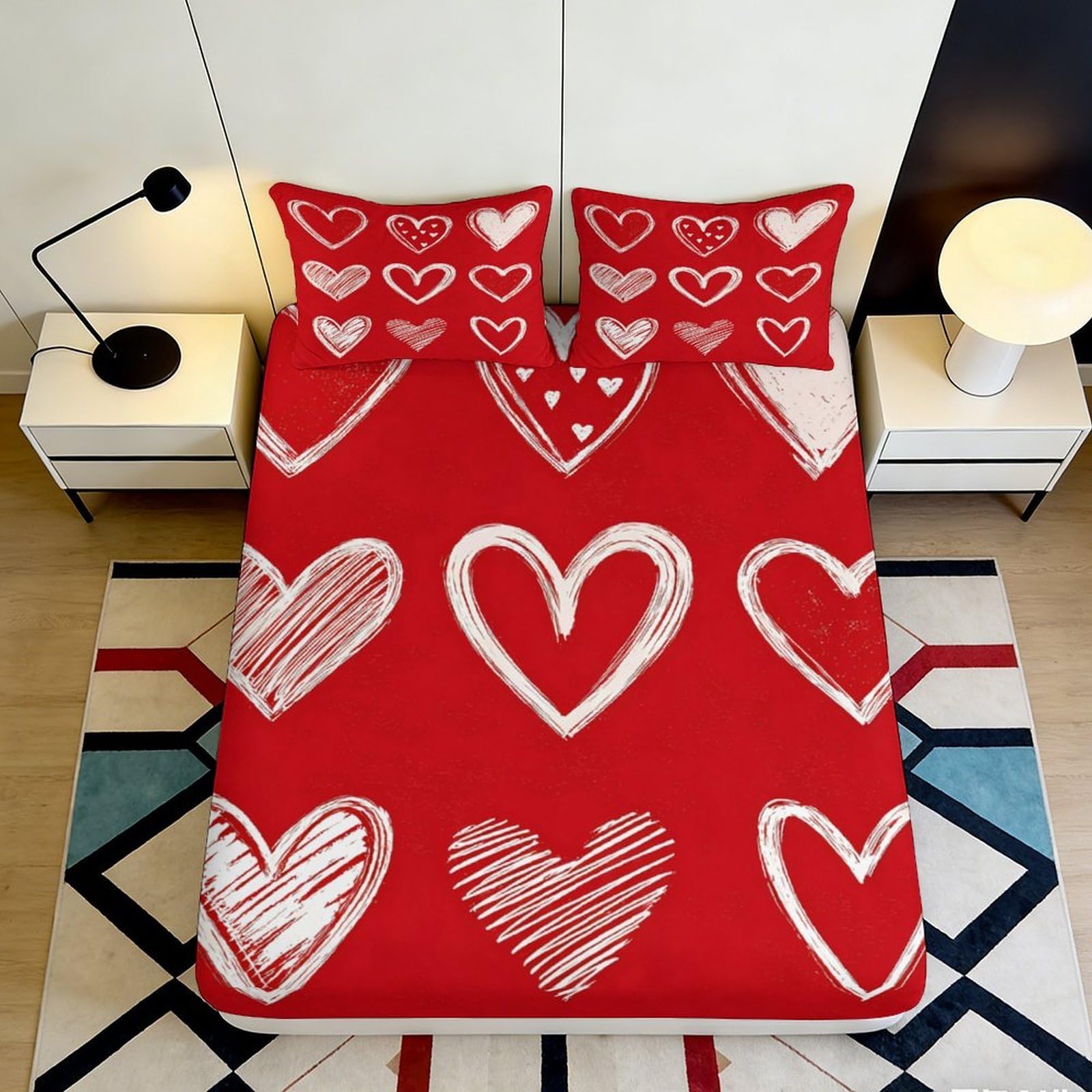 Uynsixtme Style-4 3D Printed Heart Pattern Fitted Sheet Microfiber Deep Pocket Non-Slip Heart Mattress Fitted Cover For Bedroom Bedding 90X200x25cm