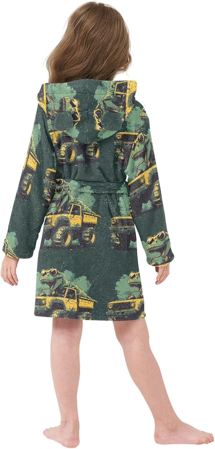 Dinosaur Truck Car Cartoon Bathrobe Hooded PJ Robe Plush Fleece Robe Pajama Sleepwear 2-12 Years