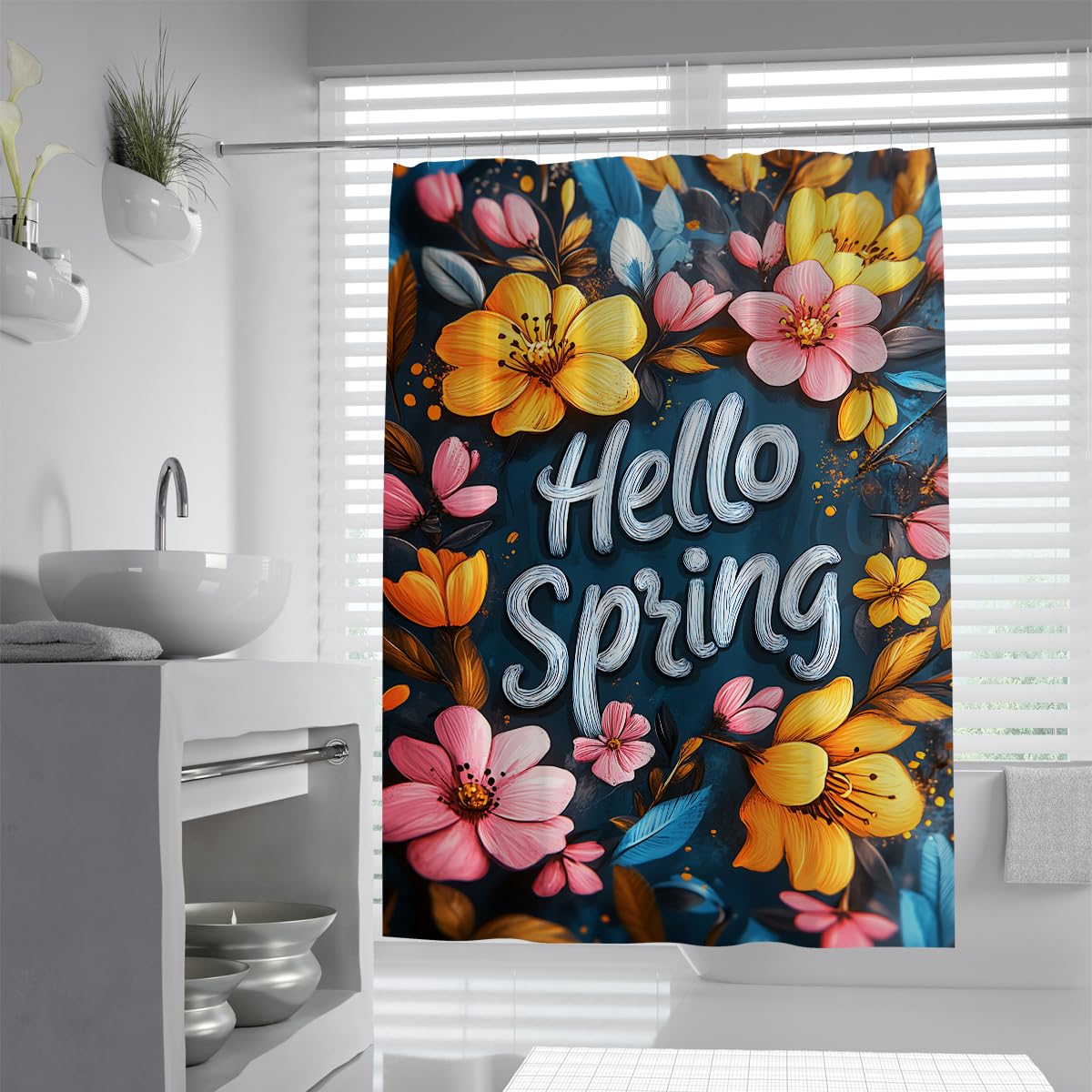 UERWOWELL Watercolor Botanical Bloom Shower Curtain Spring Holiday Bath Curtain Vibrant Wildflower Scene Shower Curtain Aesthetic Decor Bathroom Curtains W200xL200 cm