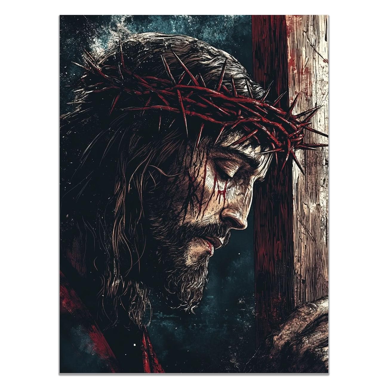 QUSAAOU Canvas Wall Art Jesus Cross and Jesus icture Christianity Cross Poster Print Painting for Living Room Bedroom Prayer Room Home Decorate(teal)-80x120cm Unframed