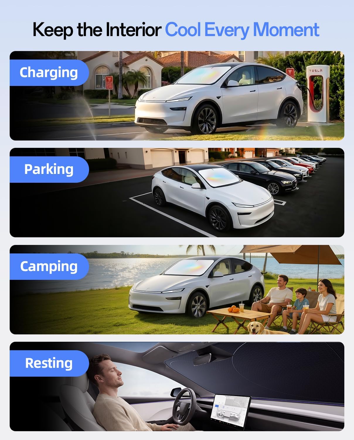 Windshield Sun Shade for Tesla Model Y 2020-2026 (Juniper), 100% UV Block & Heat Insulation, Custom Fit Sunshade, Foldable Car Sunshade with Storage Bag, Protect Interior Accessories