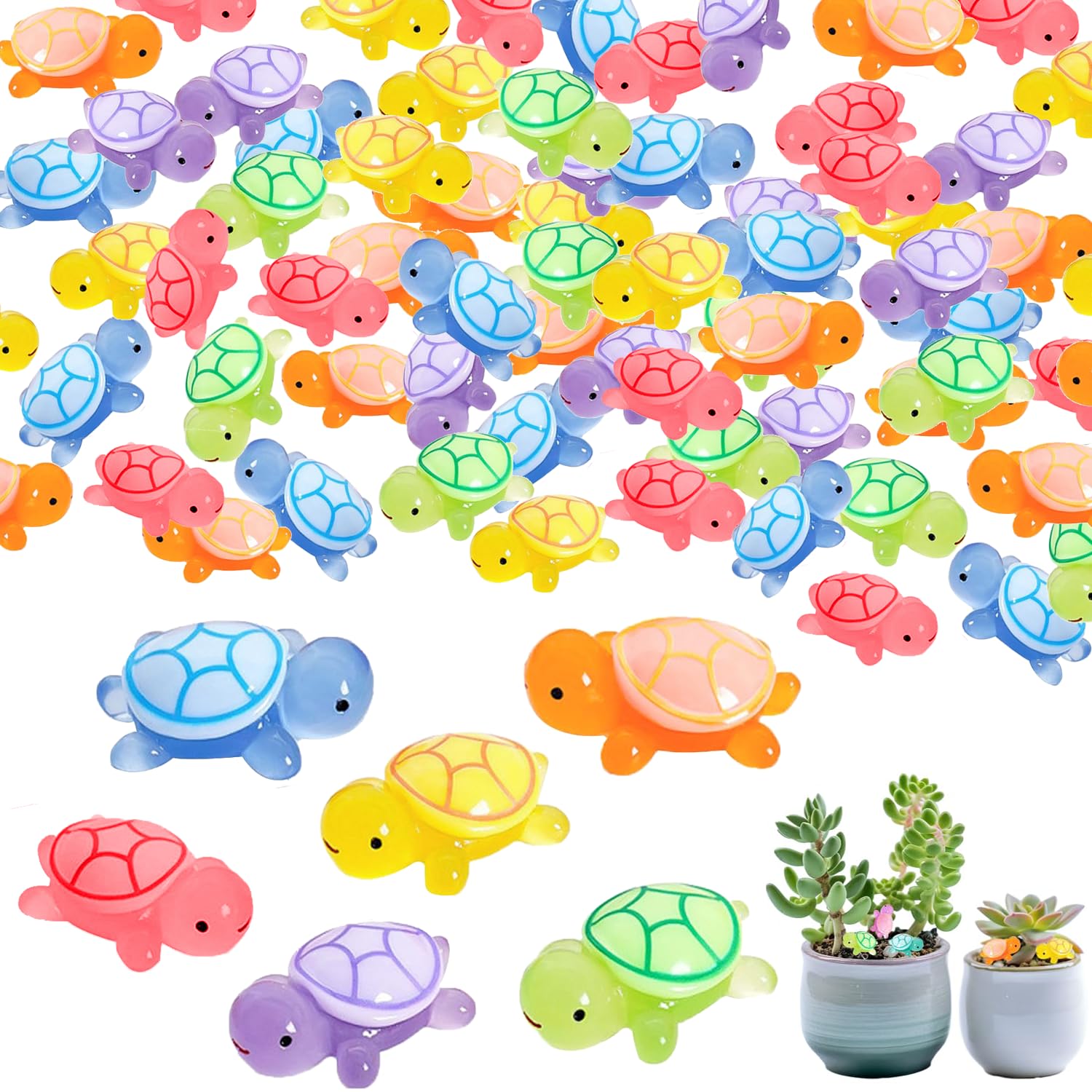 TILONKJ 60 Pcs Mini Resin Turtles Luminous, 2.3cmGlow in The Dark Turtle Miniature Figures, Mini Plastic Turtles Resin Animals for Garden Miniature Landscape, Aquarium, Dollhouse Decoration
