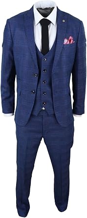 Marc Darcy Mens 3 Piece Suit Blue Prince of Wales Black Check Vintage Retro - Blue 50
