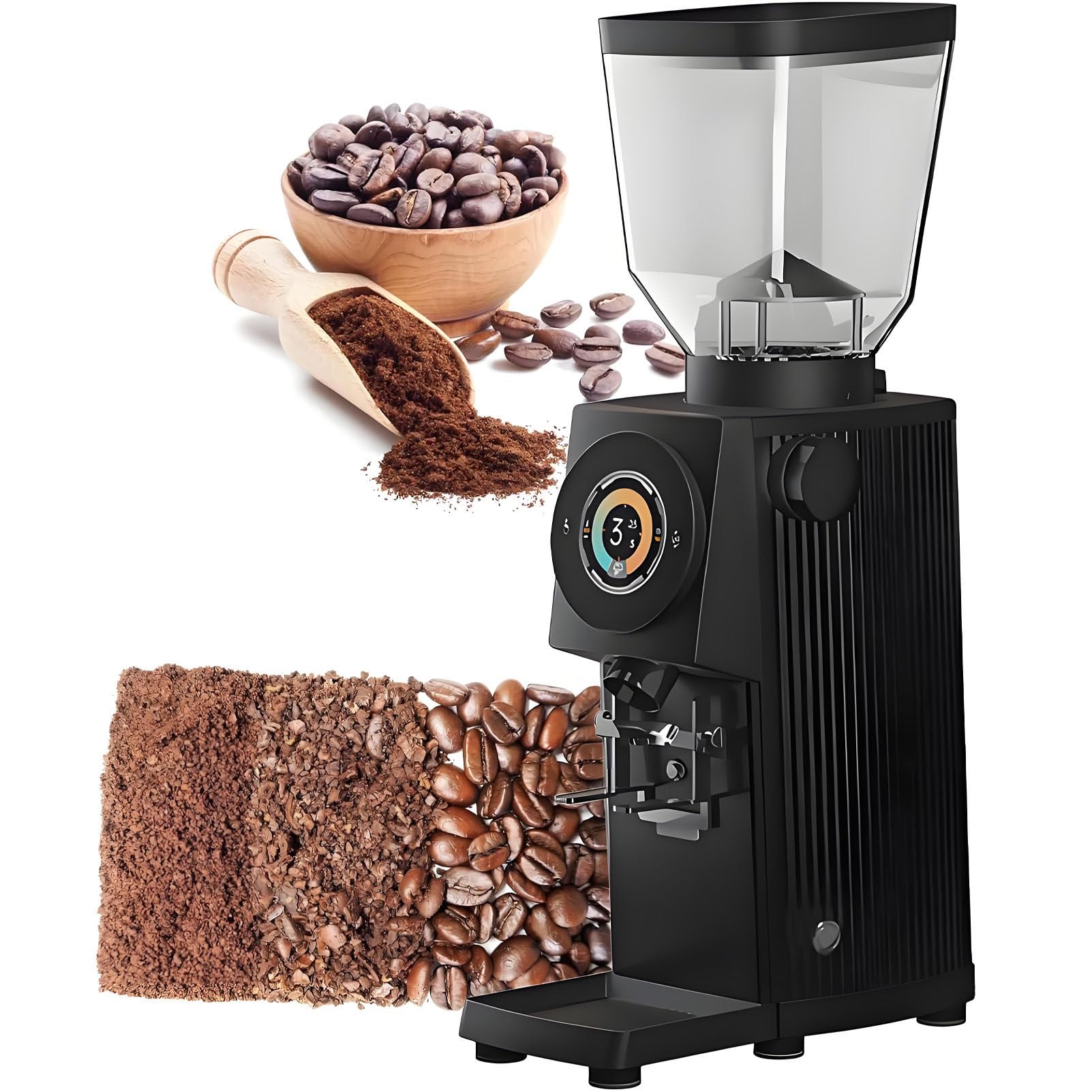 Molinillo de café expreso, automático, doméstico/Comercial, con finura y Tiempo Ajustables, Pantalla táctil LCD a Todo Color y Cuerpo de aleación de Aluminio.