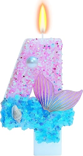 Velas de cumpleaños con temática de sirena, número 4 para niñas, suministros para fiesta de cumpleaños con purpurina, decoración de fiesta de