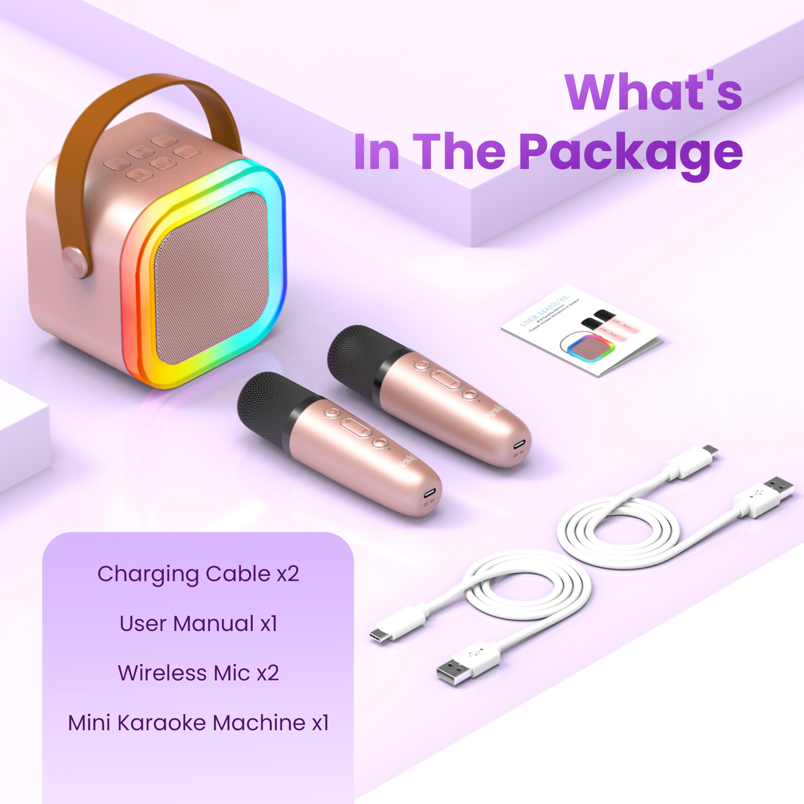 Mini máquina de karaoke para niños y adultos, altavoz Bluetooth portátil con 2 micrófonos inalámbricos de karaoke, regalos de cumpleaños 2025, juguetes para niñas de 3, 4, 5, 6, 7, 8 años y más años 8