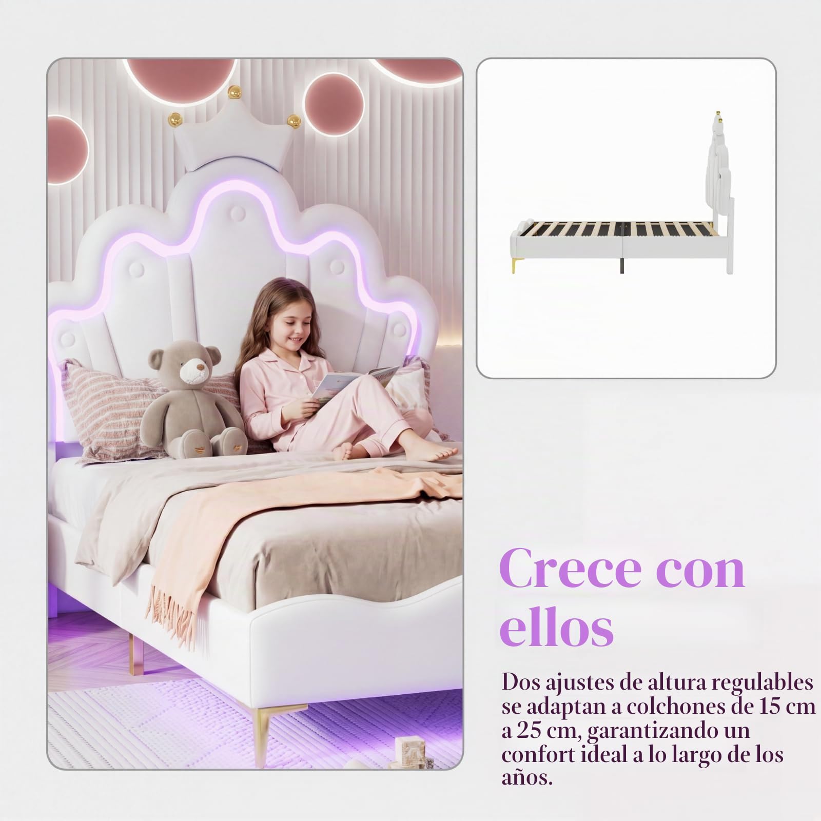 Cama infantil tapizada de 90 x 190 cm con iluminación LED, cama individual con cabecero ajustable en forma de nube con corona, marco de cama para niña con somier, sin colchón, poliuretano