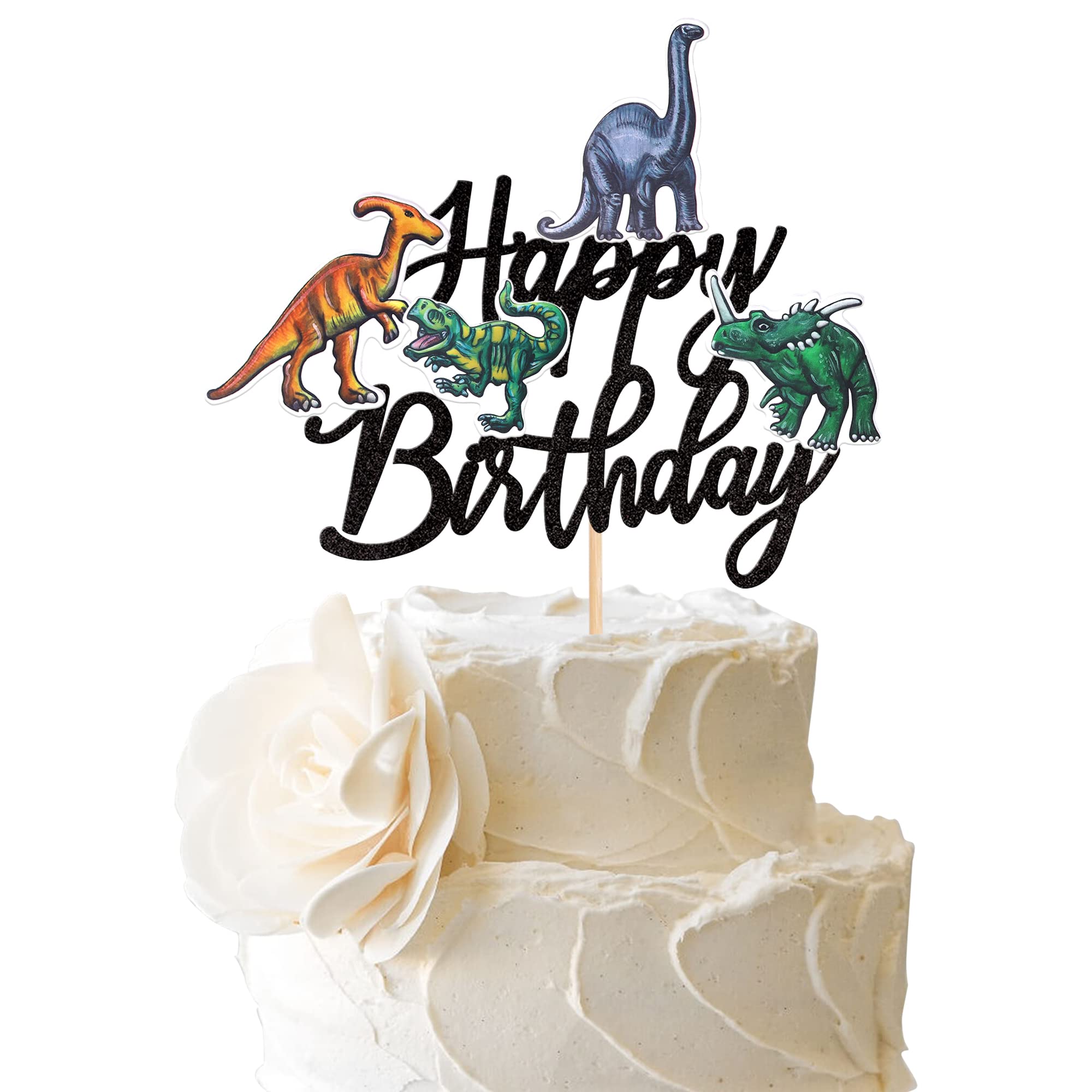 1 Pack Dinosaur Happy Birthday Cake Topper Glitter Dinosaur Cake Pick for Dino Theme Baby Shower Kids Boys Girls Birthday Party Cake Decorations Supplies Black