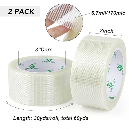 Miniatura 2 de BOMEI PACK 2 rollos de cinta de filamento de 2 pulgadas, cinta de embalaje reforzada con fibra de vidrio resistente, cinta filanente bidireccional