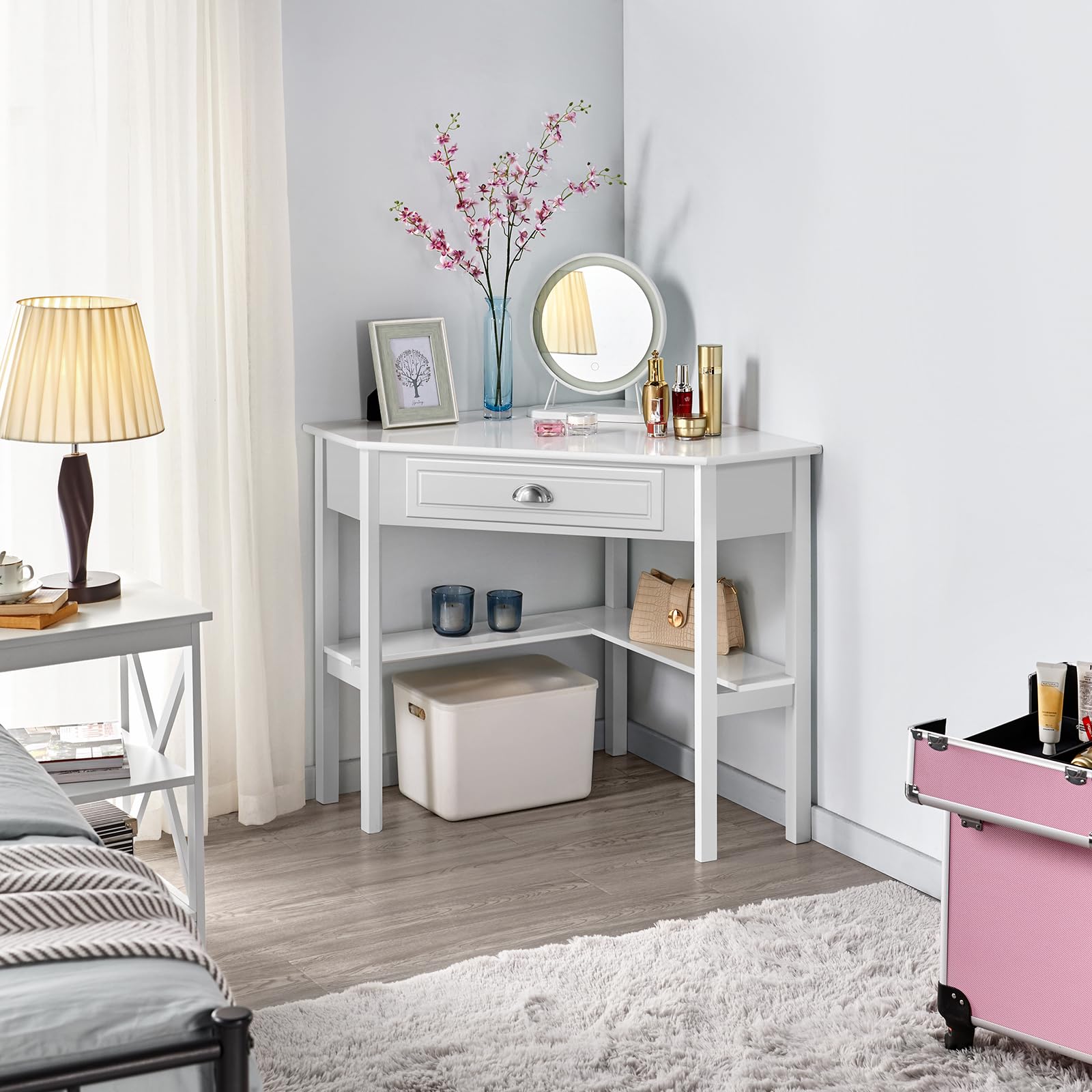 Yaheetech Scrivania Angolare per Computer Desktop Computer in Legno con Cassetto e Ripiano Portaoggetti per Postazione di Lavoro Elegante 106 × 71,5 × 76,5 cm Bianco