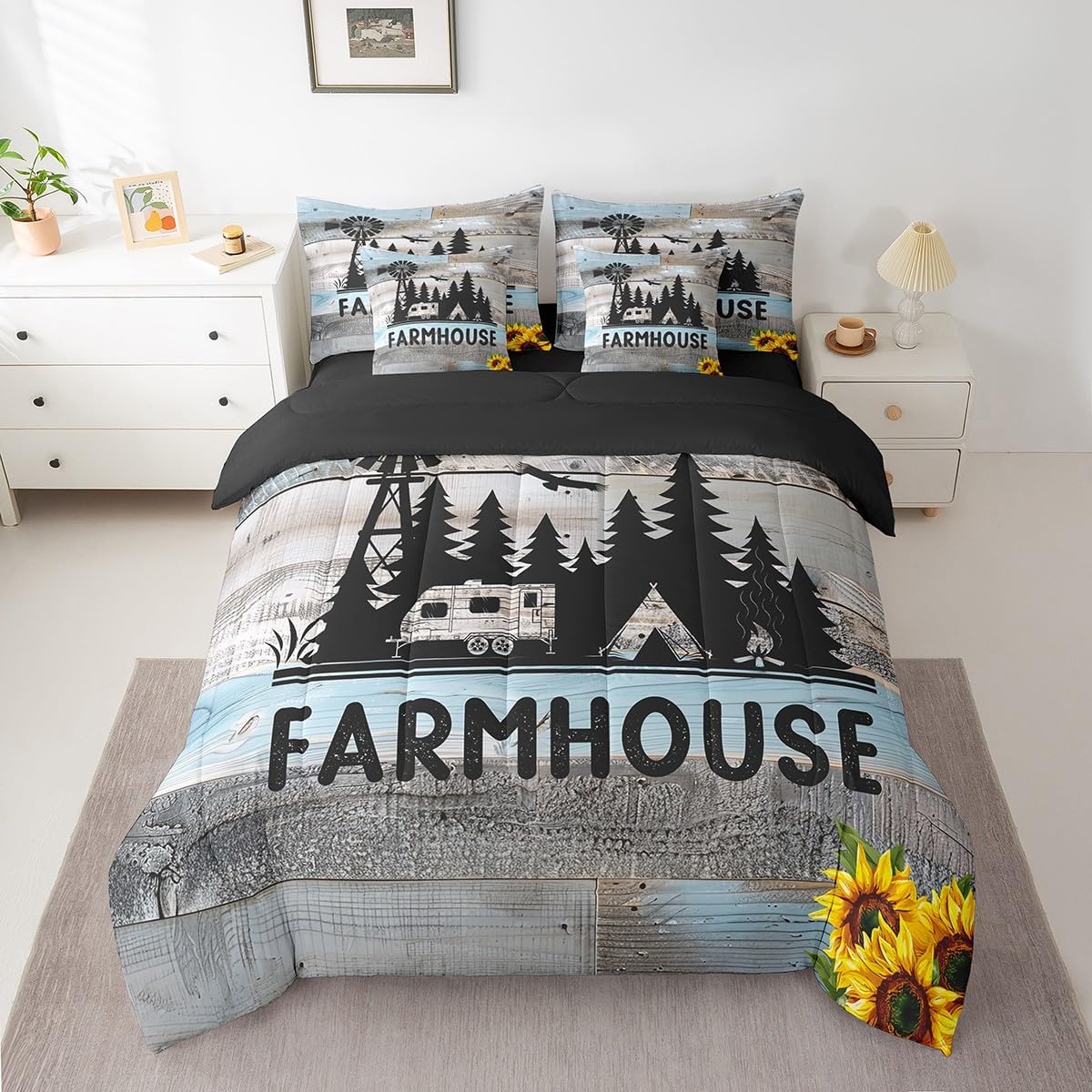 Happy Camping Camper Queen Comforter Set 7pcs Vintage Farmhouse Bedding Comforter Sets, Rustic Old Barn Door Bed in a Bag Retro Windmill Jungle Silhouette Bedding Set RV Travel Trailer Car Sheets Set