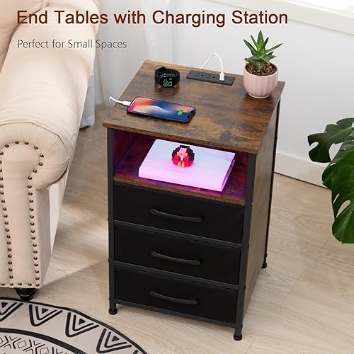Miniatura 8 de Juego de 2 mesitas de noche LED con estación de carga, mesas auxiliares con 3 cajones de tela, mesita de noche con puerto USB tipo C y salidas para