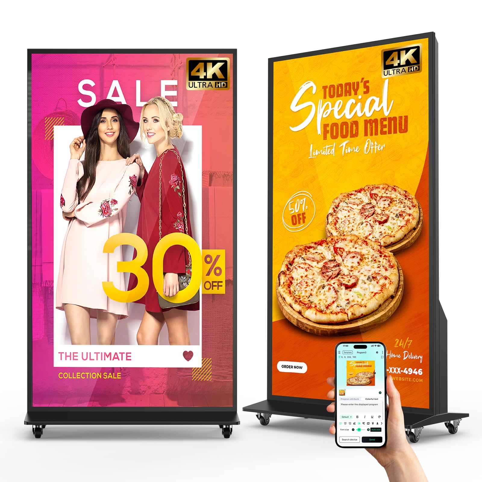 Pantalla Publicidad, LCD Señalización Digital, Automática Monitor Vertical Portátil para Tienda, Restaurante, Centro Comercial, Compatible con USB/WiFi/HDMI, Android OS, 75 Pulgadas