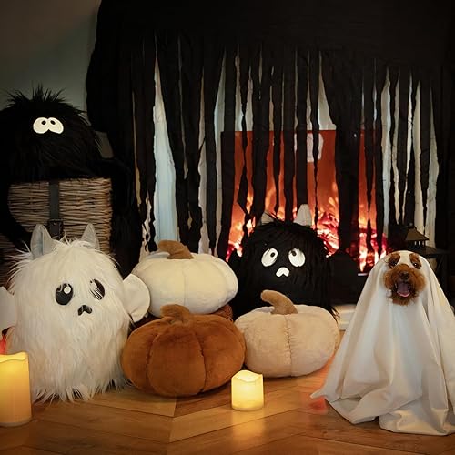 Miniatura 4 de Ashler - Almohadas de calabaza de piel de conejo sintético para Halloween, lindo cojín en forma de 3D de calabaza esponjosa de felpa decorativa para