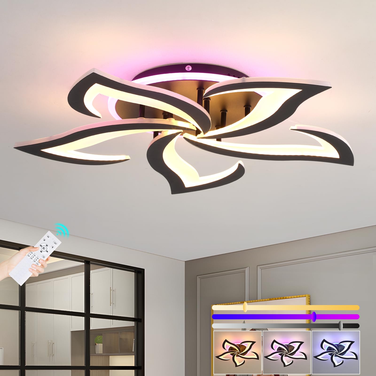 Plafoniera LED Soffitto 5 Petali Fiore Moderna Dimmerabile Nero | Plafoniera moderna da soffitto con telecomando, luce regolabile 3000-6000K per soggiorno, camera, cucina e corridoio