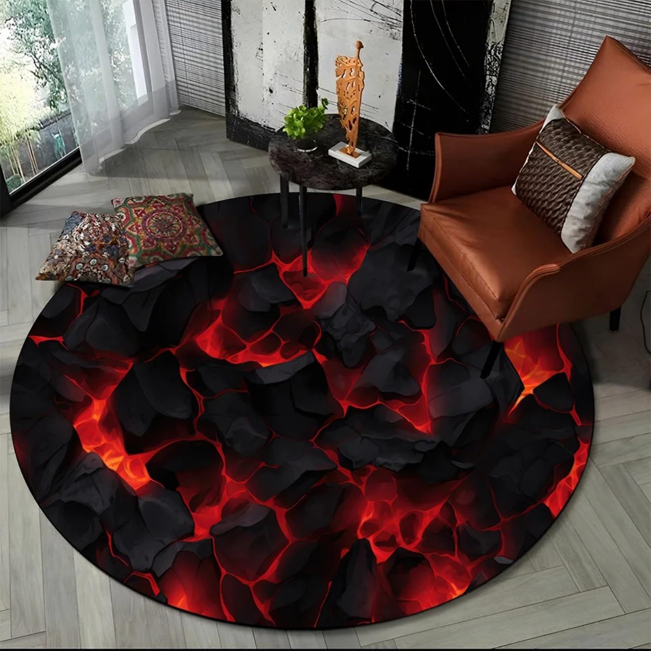 Großer Runder 3D-Vulkan-Lava-Magma Teppich, Dekoration Carpet für Wohnzimmer und Schlafzimmer,Sofa und Stuhlmatten,Outdoor-Fußmatte,rutschfeste Spielmatte, Geschenk (Rot 5,160 cm)
