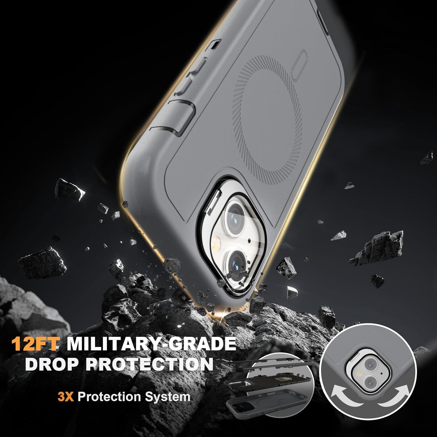 Follaroma for iPhone 13 Case with Stand & Built-in Camera Cover, MagSafe Compatible, Heavy-Duty Shockproof Protection, Magnetic & Rugged Phone Cover for iPhone 13 6.1'', Grey