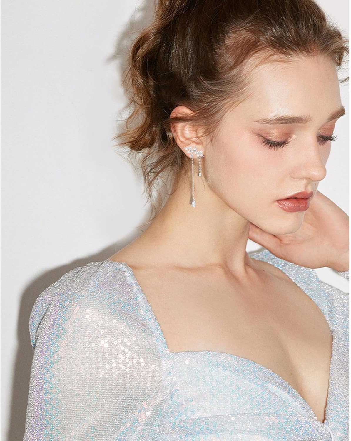 Sterling Silver Flower Wrap Drop Earrings with CZ - Trendy Dangle Chain Design for Elegant Women - Image 7