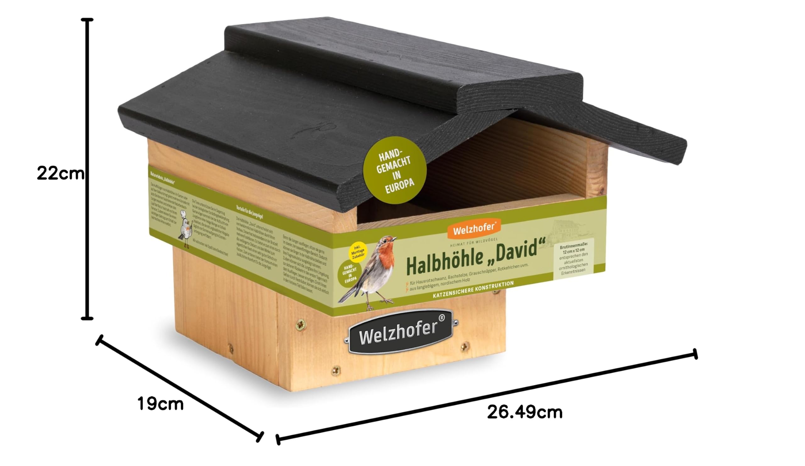 Nistkasten David, Halbhöhle Vogelhaus, handgemacht in Europa, für Hausrotschwänze, Bachstelzen, Grauschnäpper und Rotkehlchen, hochwertiges Kiefernholz