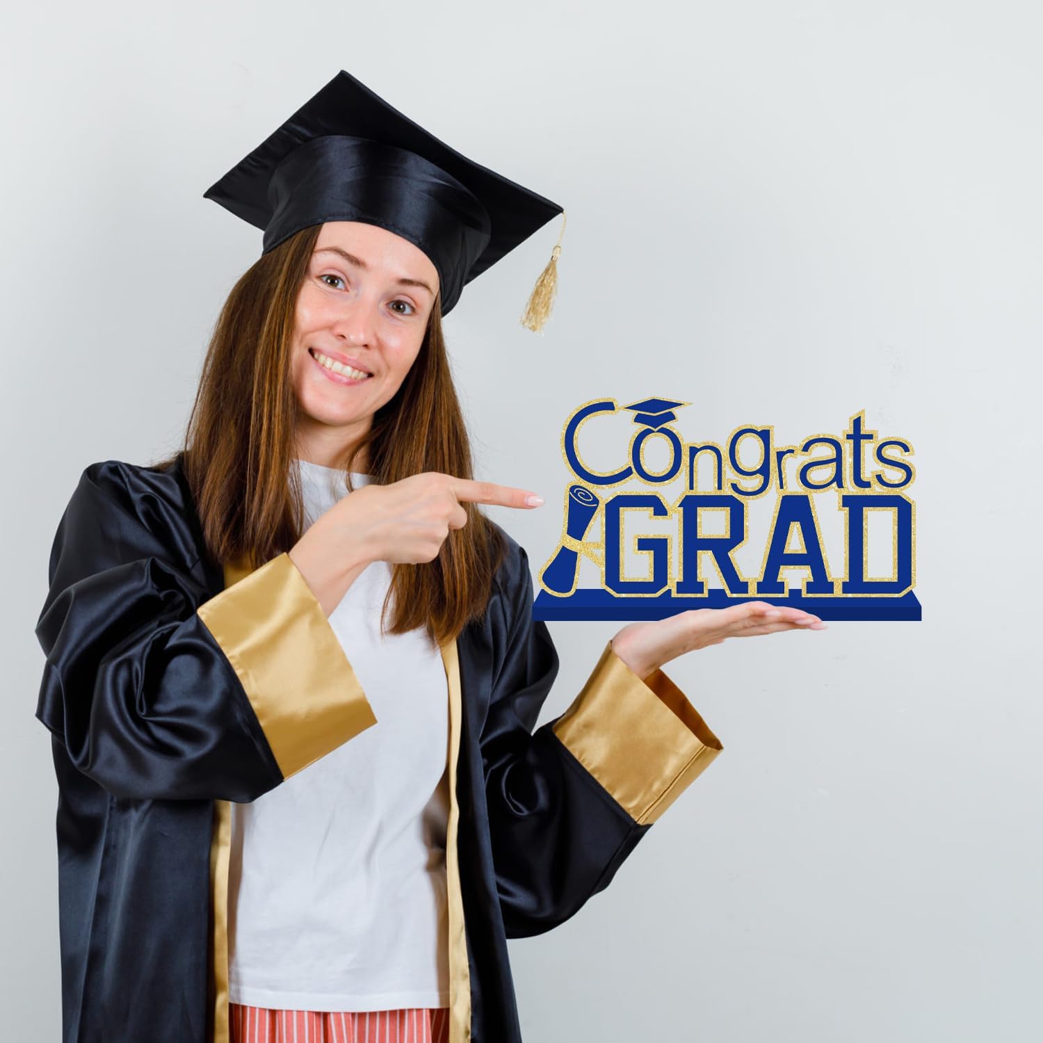 4Pcs Blue and Gold Graduation Decorations Class of 2026 Congrats Grad Wooden Table Centerpieces Grad Table Decorations for Graduation Centerpieces