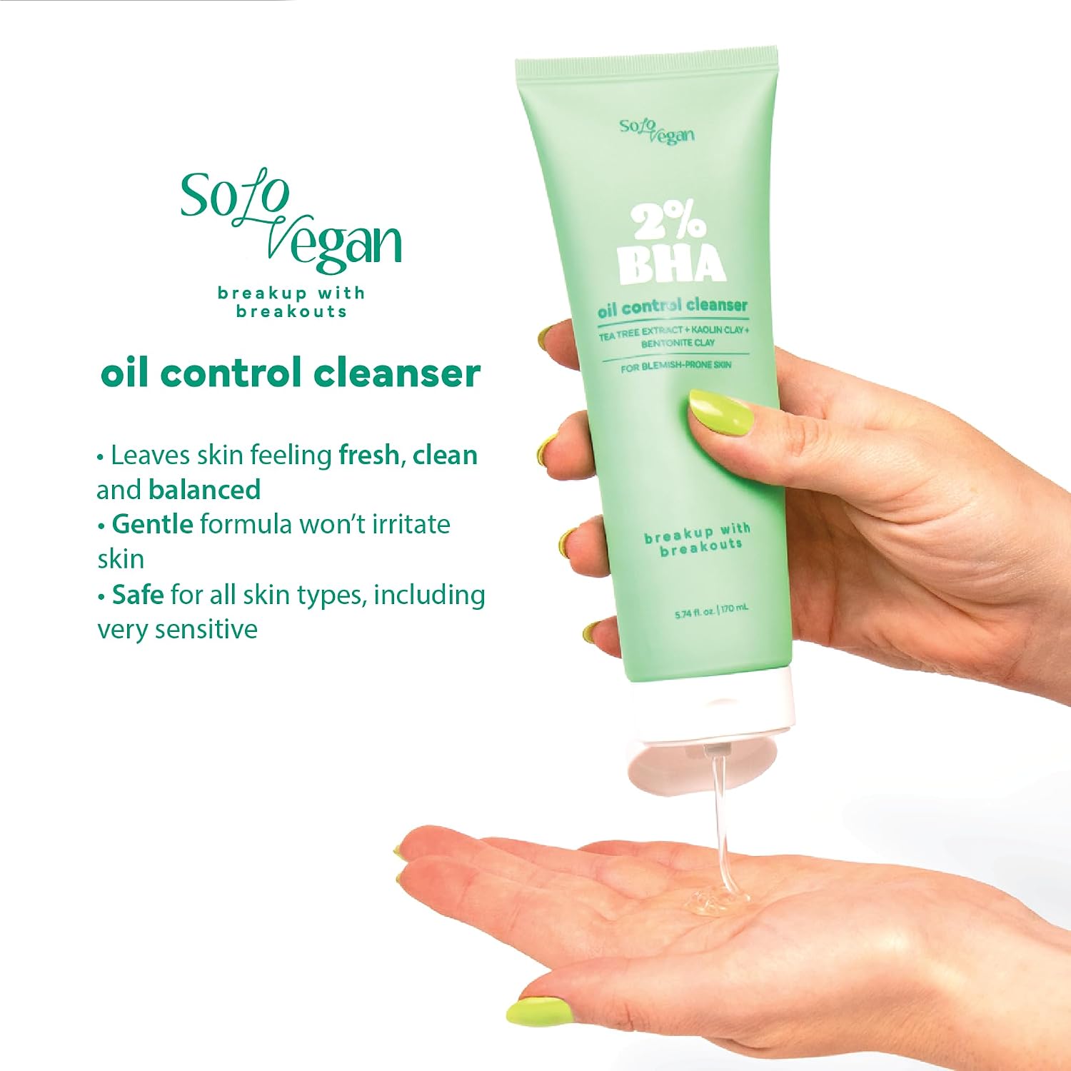 SoloVegan BHA Gel Cleanser | Lightweight, Vegan Korean Skincare for Oily, Acne-Prone Skin (Cleansing Gel, 5.74 fl.oz)