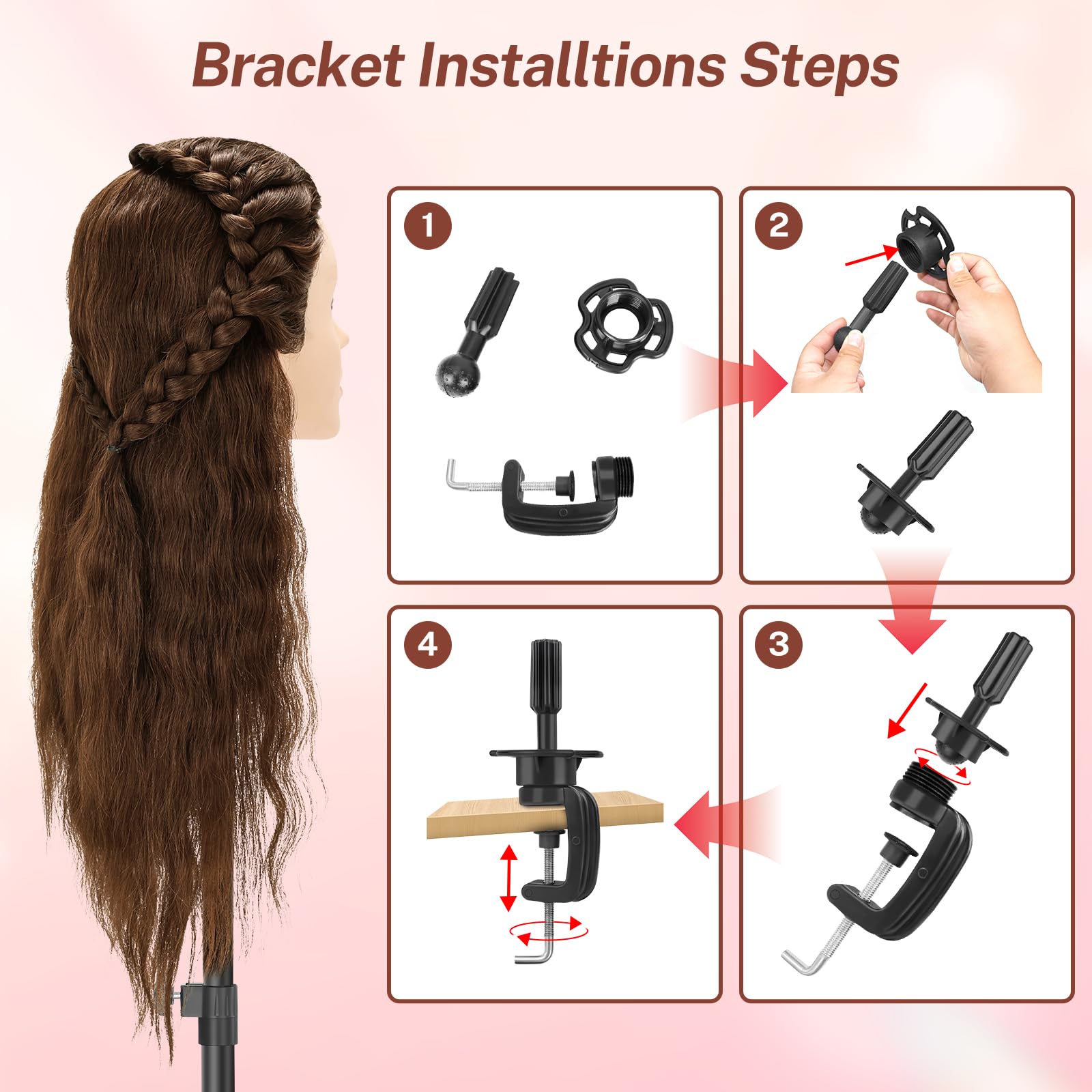 Übungskopf aus 80 % Echthaar, 58,4 cm, Frisierkopf mit Perückenständer, Stativ und Make-up-Funktion und DIY-Haarstyling-Flechtwerkzeugen