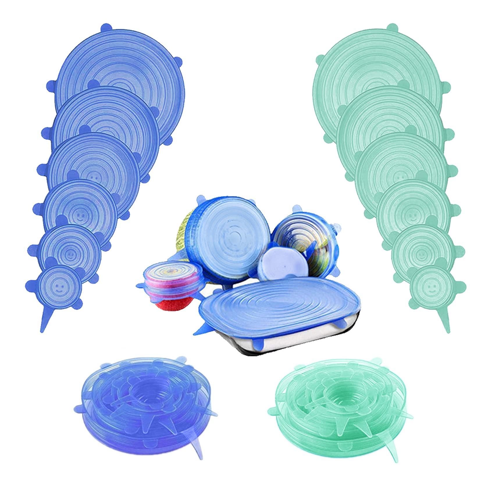 KUERLI Silicone Stretch Lids,12 Pack Silicone Lids With 6 Different Sizes Reusable Stretch and Seal Lids for Food Storage,Durable, Microwave and Dishwasher Safe Green,Blue A006