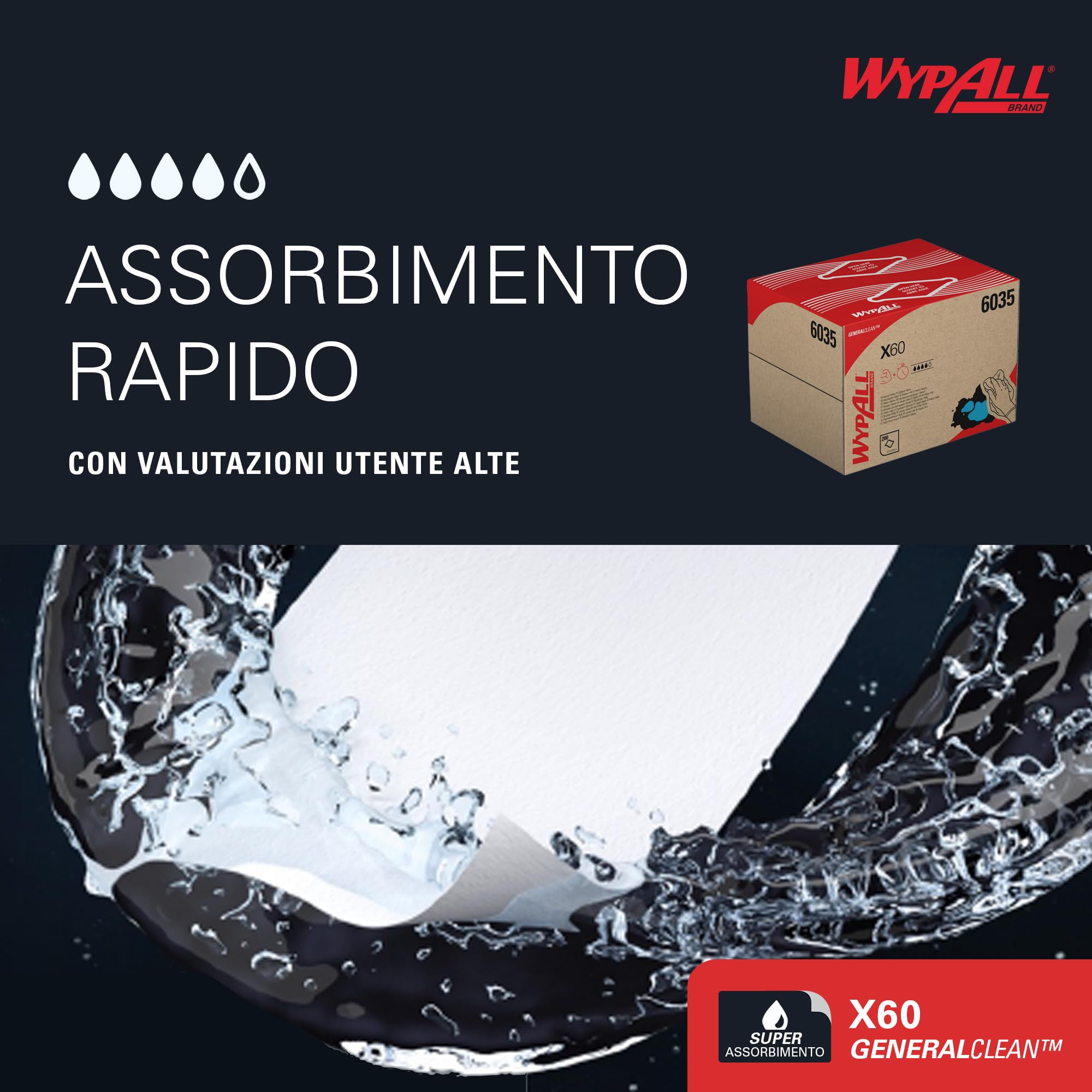 WypAll X60 Panni Industriali Multiuso 6035, Salviette Resistenti e Riutilizzabili, Alta Assorbenza, Tecnologia Hydroknit, 1 Box BRAG da 200 Panni Bianchi
