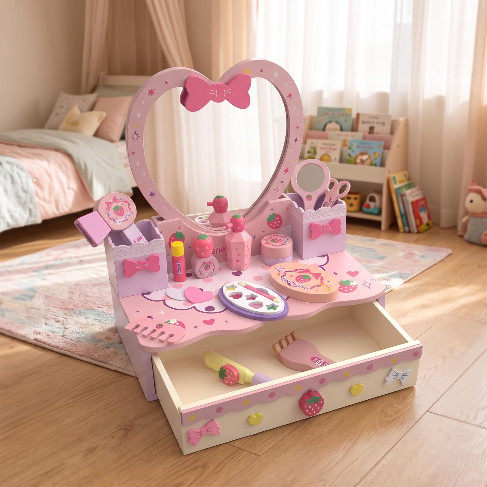 Baoblaze Toeletta Giocattolo Bambina Toelettatura Trucco Specchiera Finta Legno con Specchio a Cuore Cassetto E Accessori di Bellezza Completa di Pettine Forbici Rossetto Adatta per Cameretta