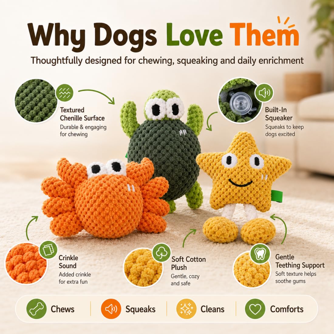 Juguete para Perros con Sonido, Peluche Crujiente para Cachorros y Perros Medianos/Grandes, Interactivo de Enriquecimiento, Algodón Resistente para Lanzar, Tirar y Jugar (Star+Crab)