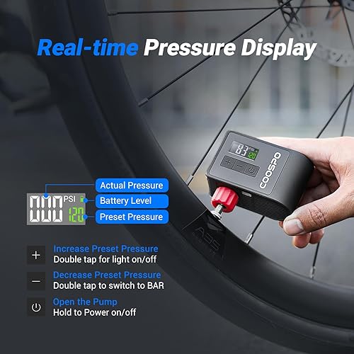 Miniatura 2 de CooSpo Mini bomba eléctrica para bicicleta, inflador de neumáticos portátil, compresor de aire portátil, máximo 120 PSI, bomba de aire de apagado