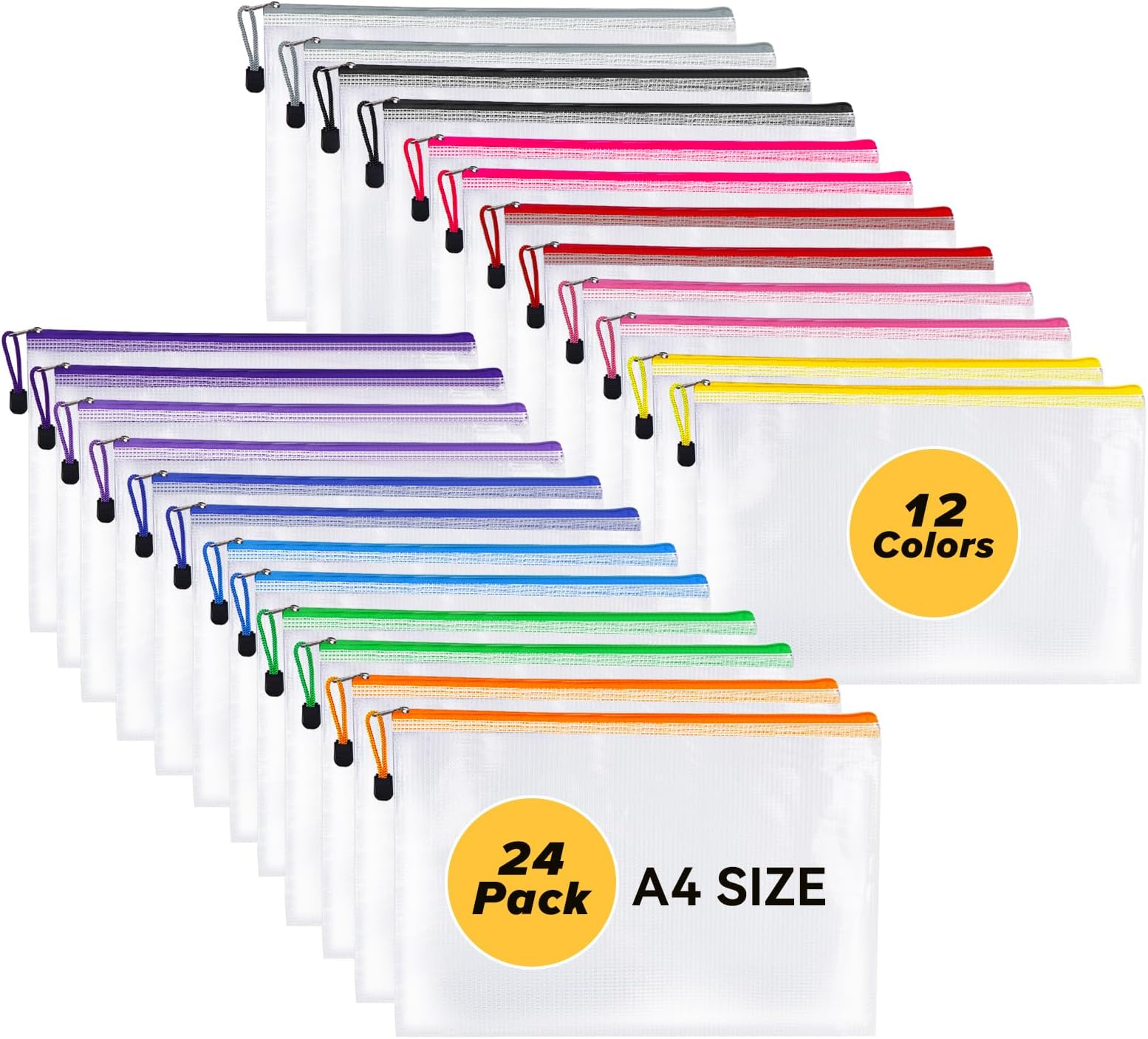 24Pcs Plastic Zip Wallets A4 - Zip Lock Bags Document Wallets 12 Colors Zipper Plastic Folders For Paperwork Organizing Storage, Reusable on School Office Pencil Jigsaw Puzzles Toys Storage Zip Wallet