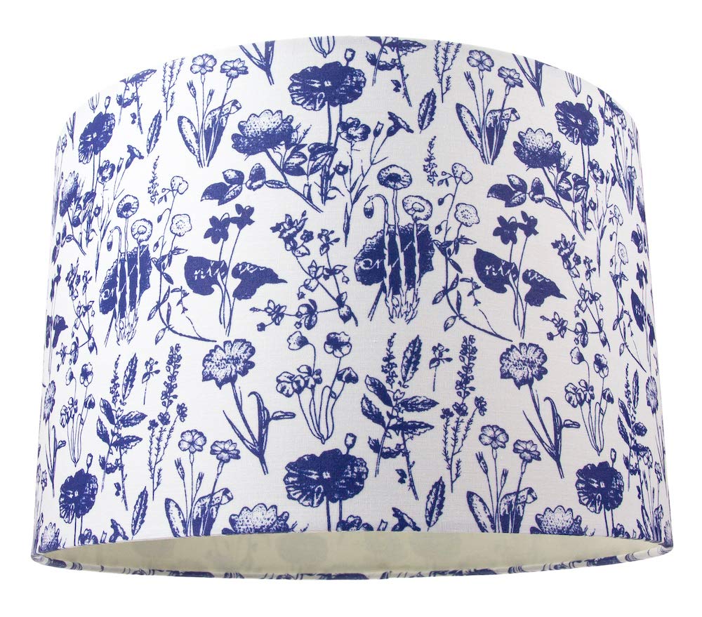 White Cotton 12"" Drum Lamp Shade with Blue Floral Decoration and Inner Lining...