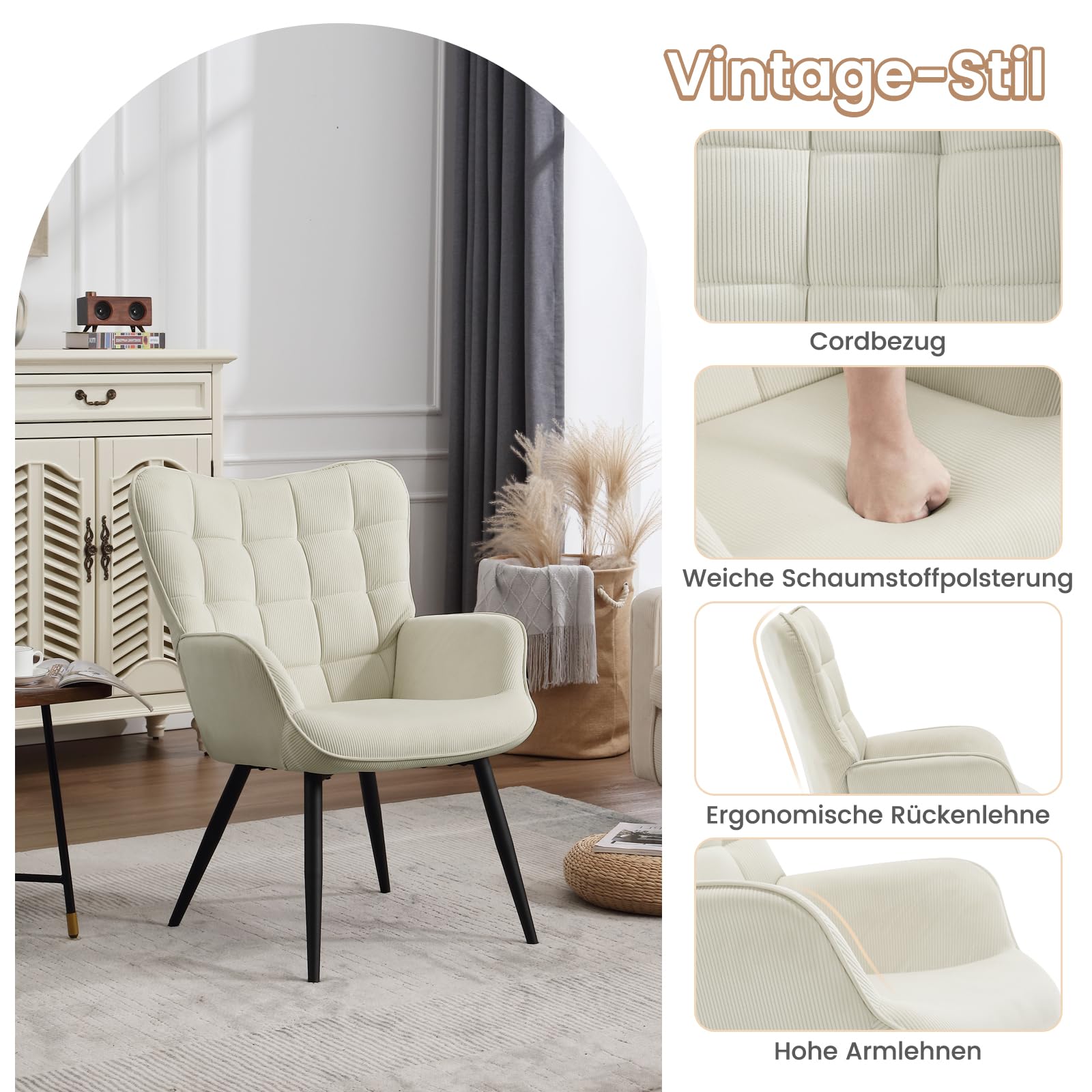 WOLTU Ohrensessel modern, Sessel Wohnzimmer, Schlafzimmer, Balkon, Relaxsessel bequem, mit Metallbeinen, Cordbezug, 63,5 x 51 x 87 cm, Cremeweiß