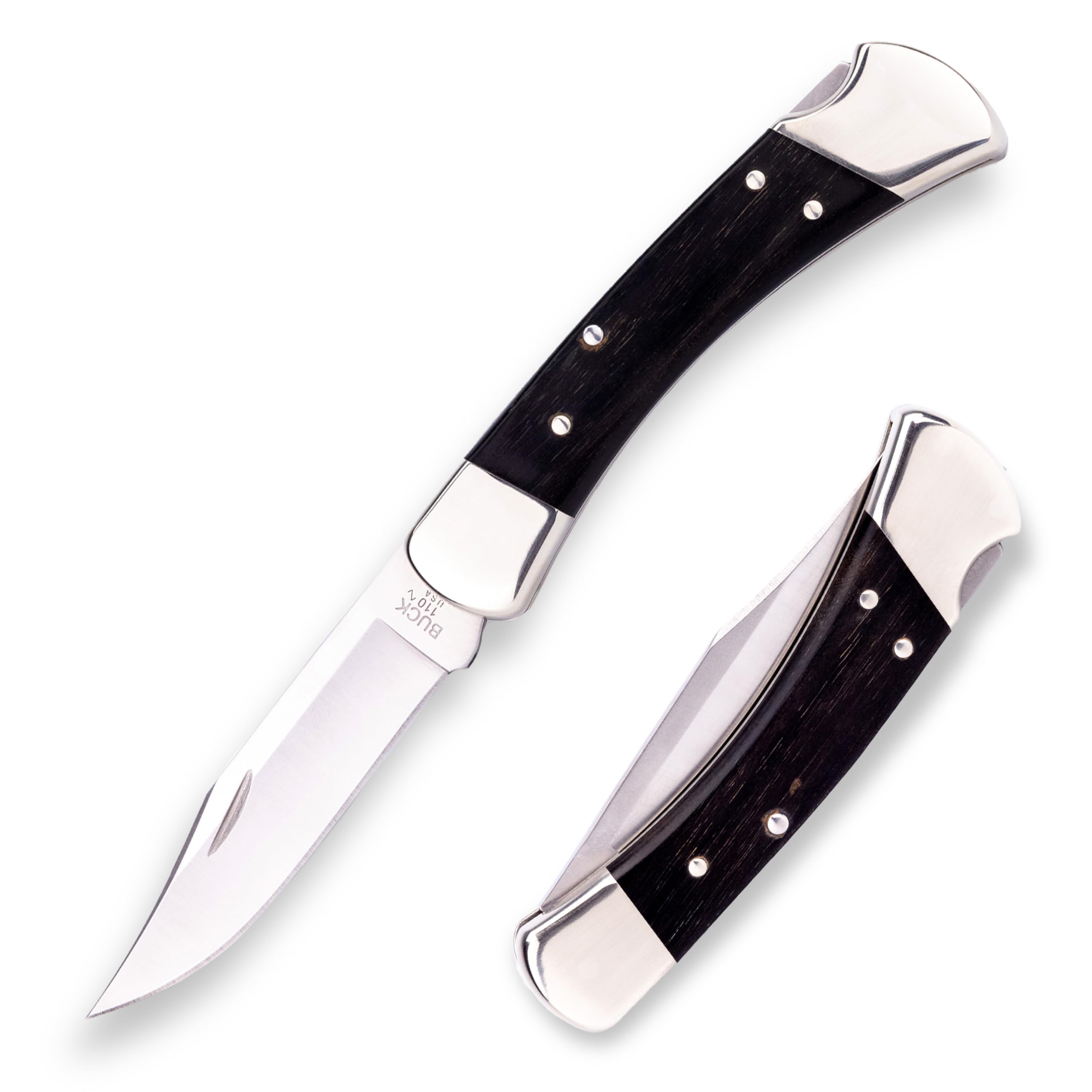 Buck Knives 110 Folding Hunter Knife, 3-3/4" Blade, Lockback Design, Ebony Handle, Silver Bolsters, 420HC Stainless Steel Clip Point Blade, Sheath Included, Hunting Knife Made in the USA, 7.2 oz
