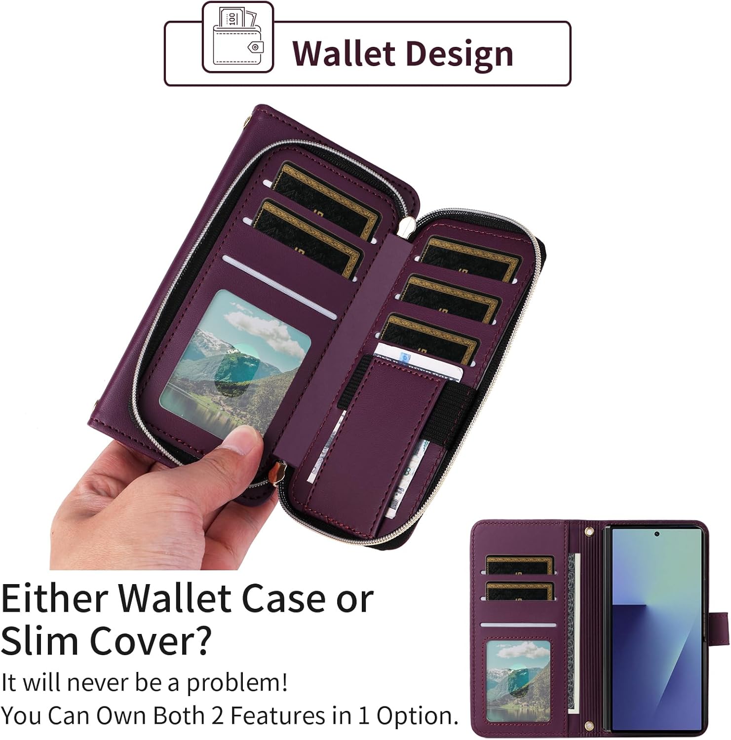 Argyle Wallet Case for Samsung Galaxy Z Fold 7 5G 2025 with Wrist/Shoulder Strap Card Slot Zipper Purse Luxury PU Leather Stand Cell Phone Cover for ZFold7 Z7 G Fold7 7Z Women Girls Deep Purple