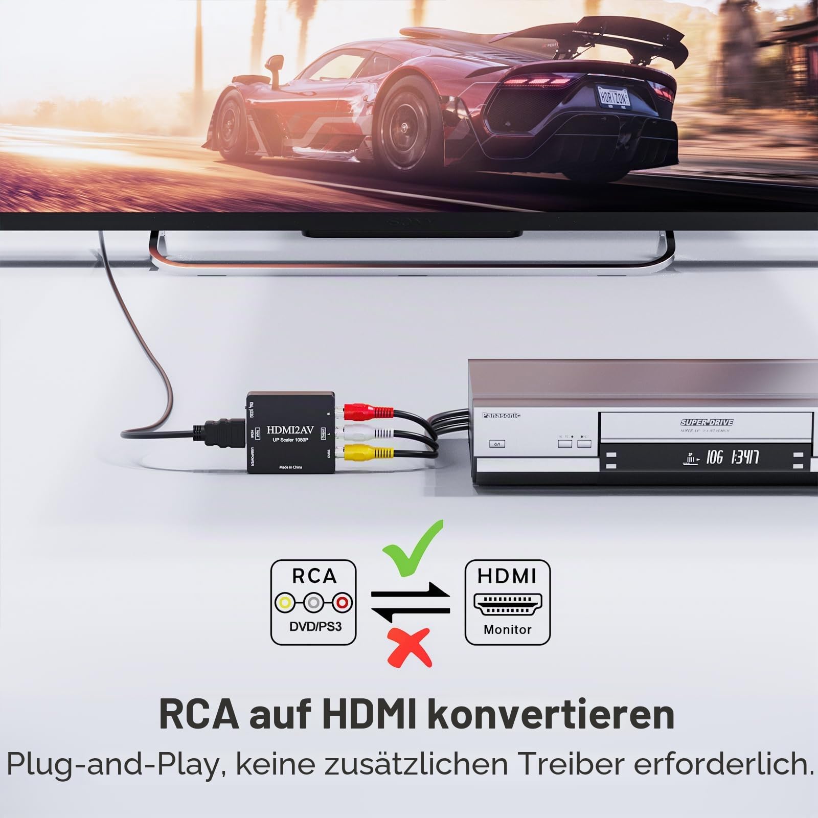 RCA zu HDMI, AV zu HDMI Konverter, 1080P Mini RCA Composite CVBS Video Analog Konverter Adapter Anschluss unterstützt PAL/NTSC für TV/PC / PS3 / STB/Xbox VHS/VCR/Blue-Ray DVD-Player