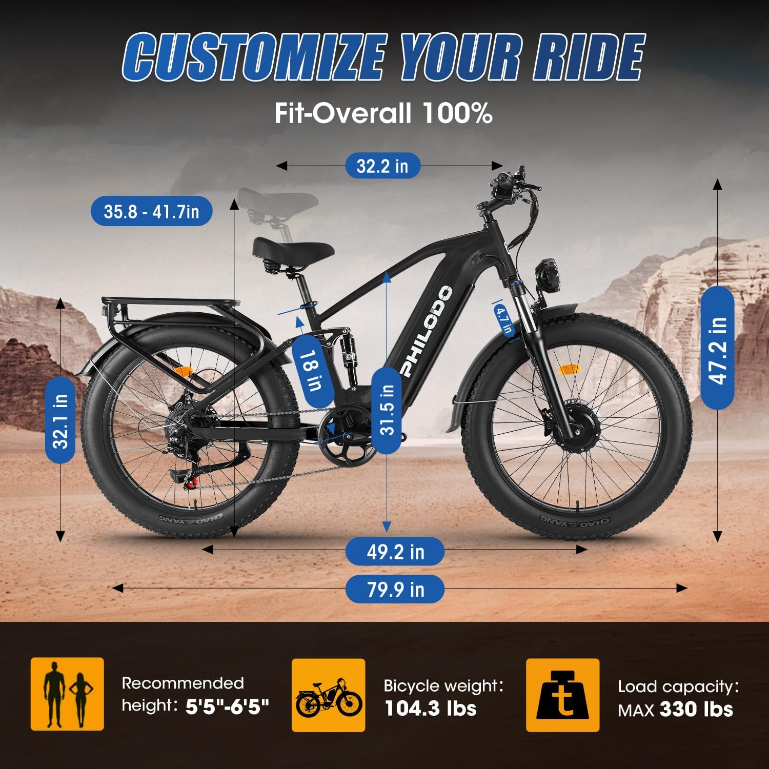 PHILODO Falcon 60V 32Ah Off-Road Electric Bike Dual Motor Hunting Ebike, Fat Tire Full Suspension Dirt Bike for Adults, Long Range Snow/Sand Electric Bicycle