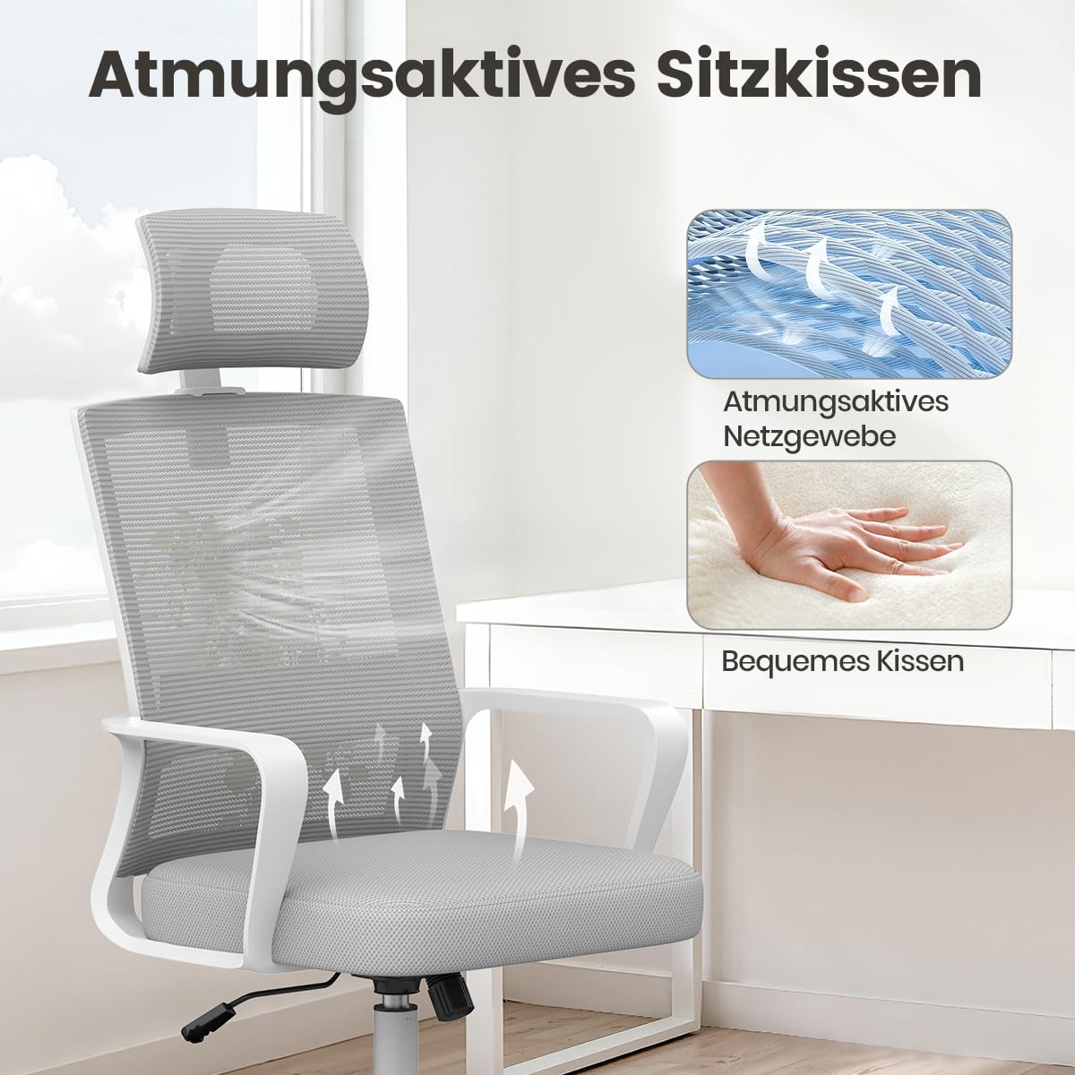 naspaluro Schreibtischstuhl Ergonomisch mit Verstellbarer Kopfstütze | Bürostuhl mit Atmungsaktivem Netzrückenlehne, Höhenverstellbar und 360° Drehbar Computerstuhl, für Arbeitszimmer, Hellgrau